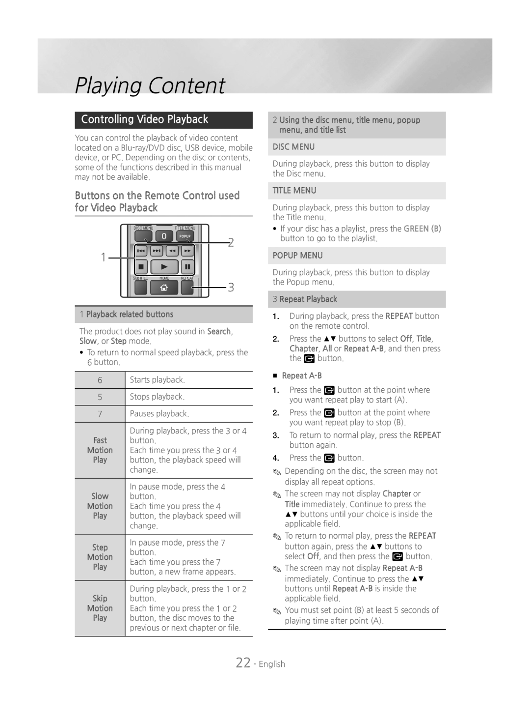 Samsung HT-J4200/EN Controlling Video Playback, Buttons on the Remote Control used for Video Playback, Repeat Playback 