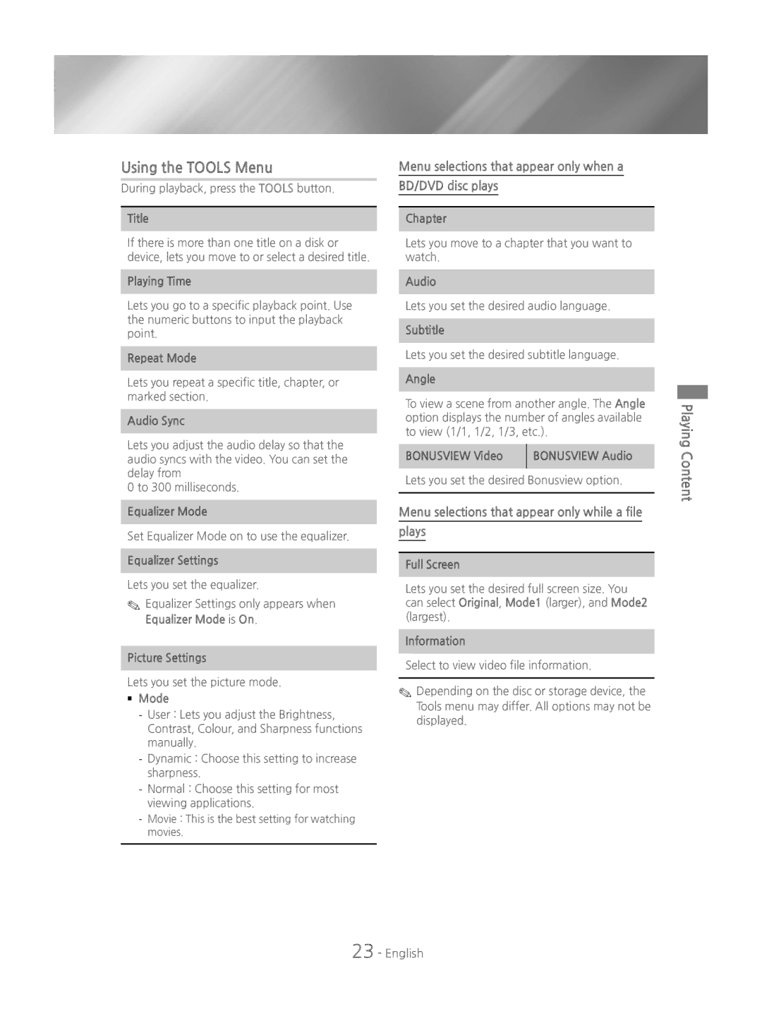 Samsung HT-J4200/EN manual Using the Tools Menu, Menu selections that appear only when a BD/DVD disc plays, Plays 