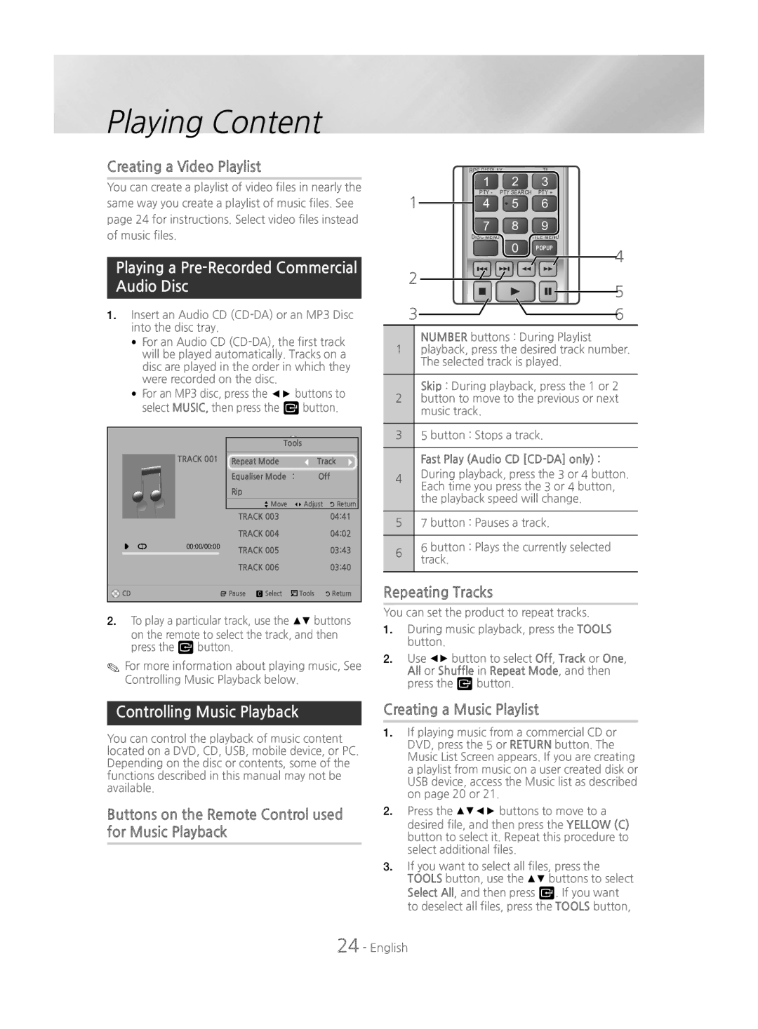 Samsung HT-J4200/EN manual Creating a Video Playlist, Playing a Pre-Recorded Commercial Audio Disc, Repeating Tracks 