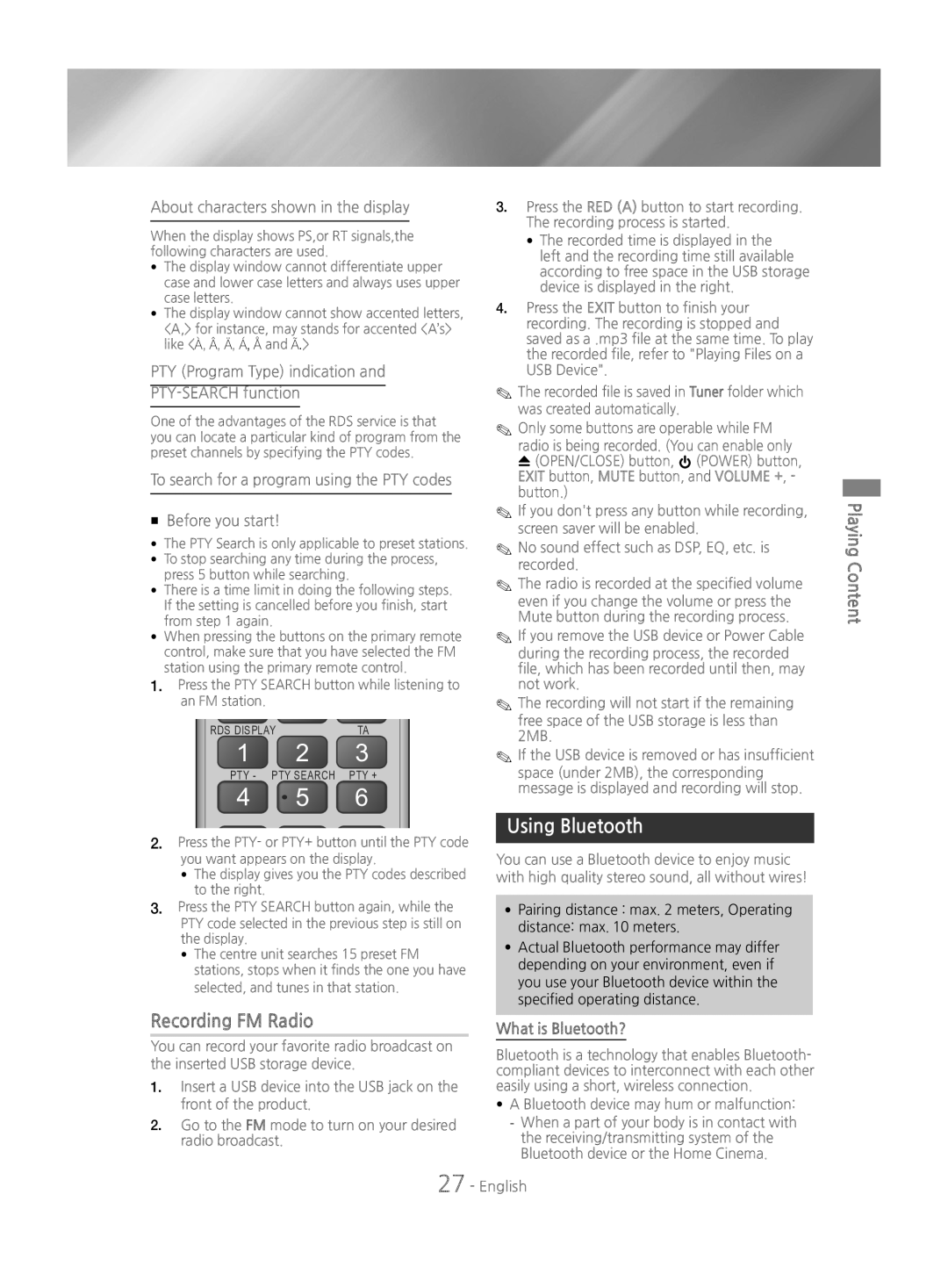 Samsung HT-J4200/EN manual Recording FM Radio, Using Bluetooth, What is Bluetooth?, Bluetooth device may hum or malfunction 