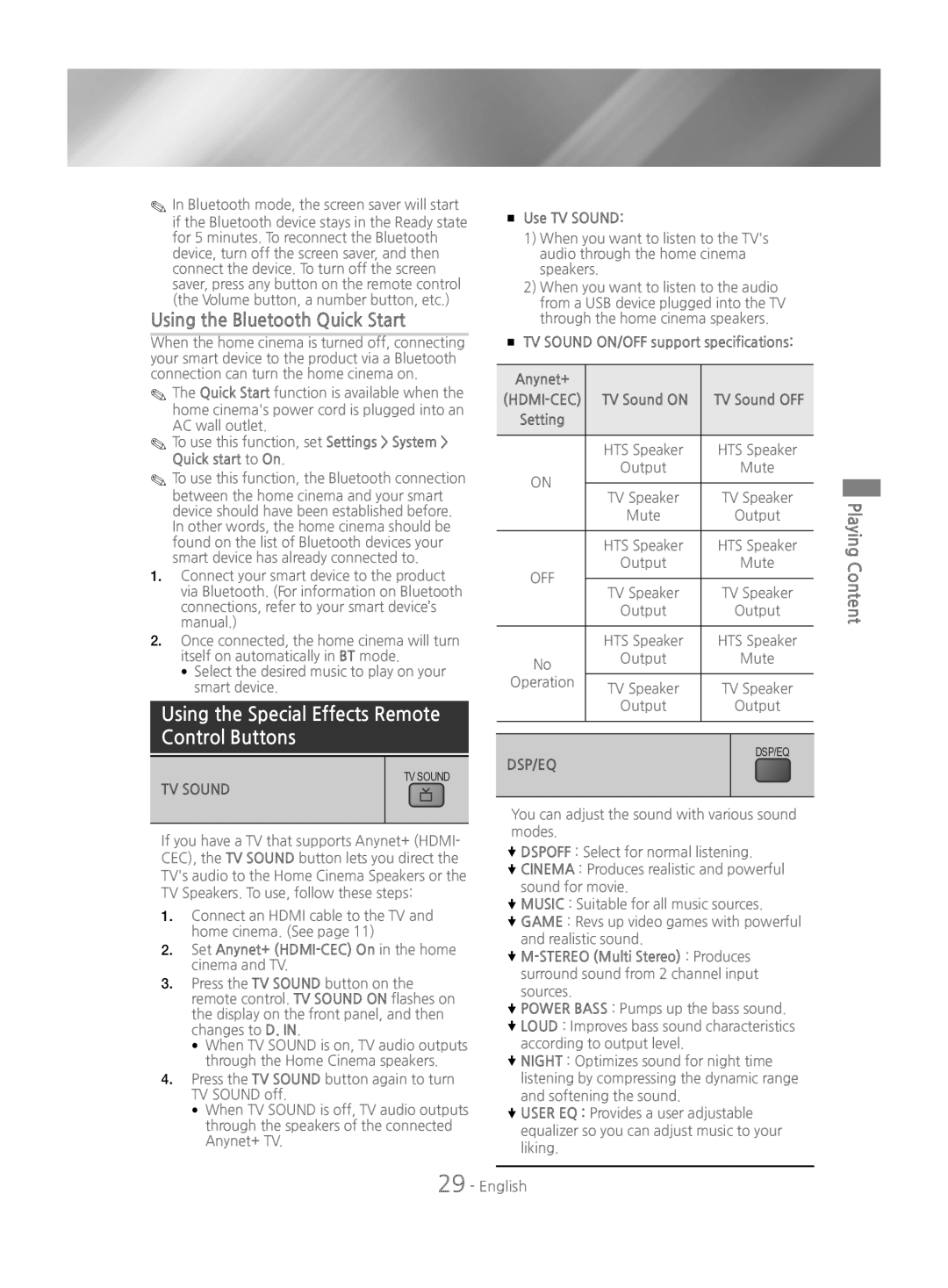 Samsung HT-J4200/EN manual Using the Bluetooth Quick Start, Using the Special Effects Remote Control Buttons 