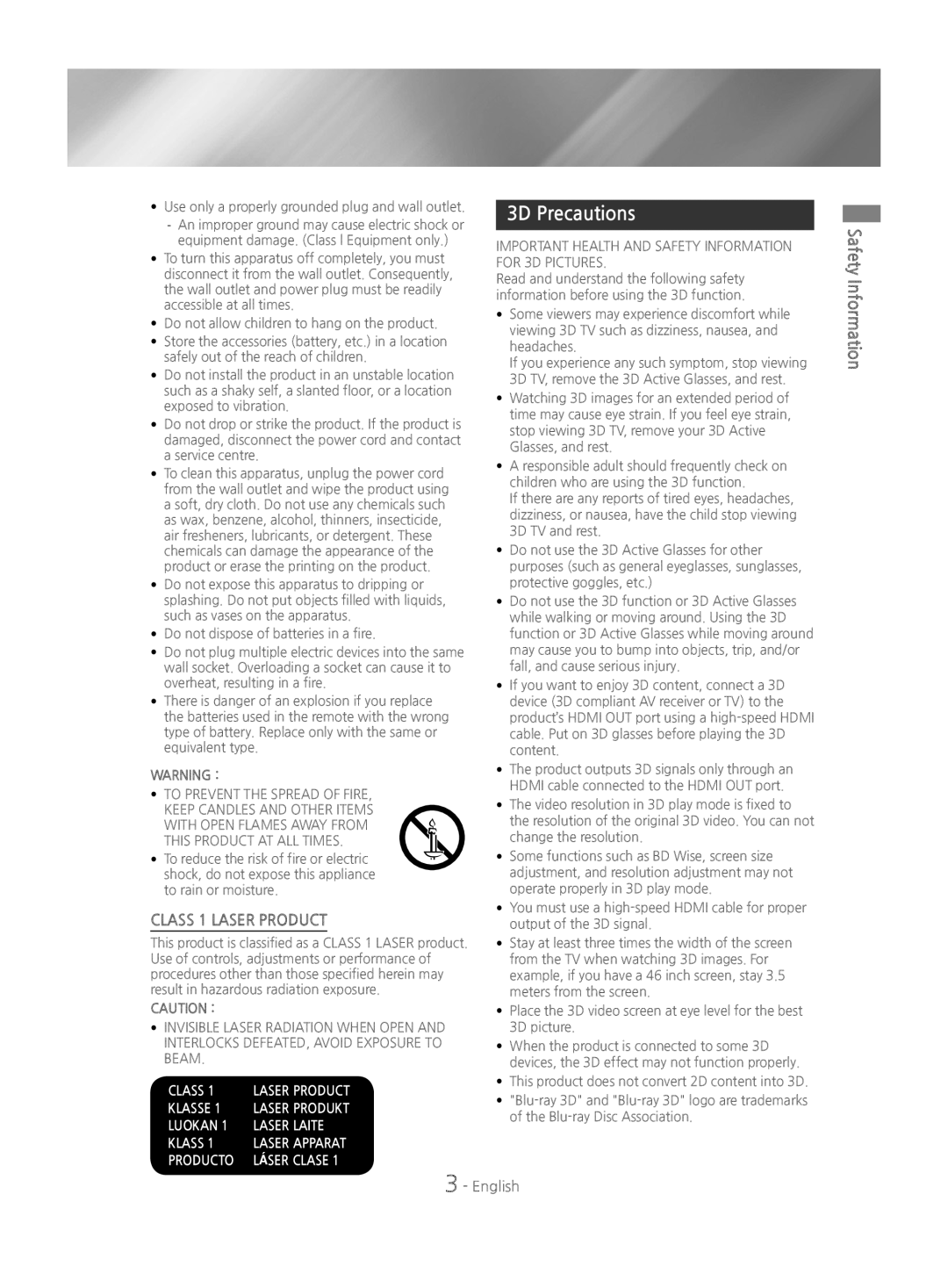 Samsung HT-J4200/EN manual 3D Precautions, Safety Information 