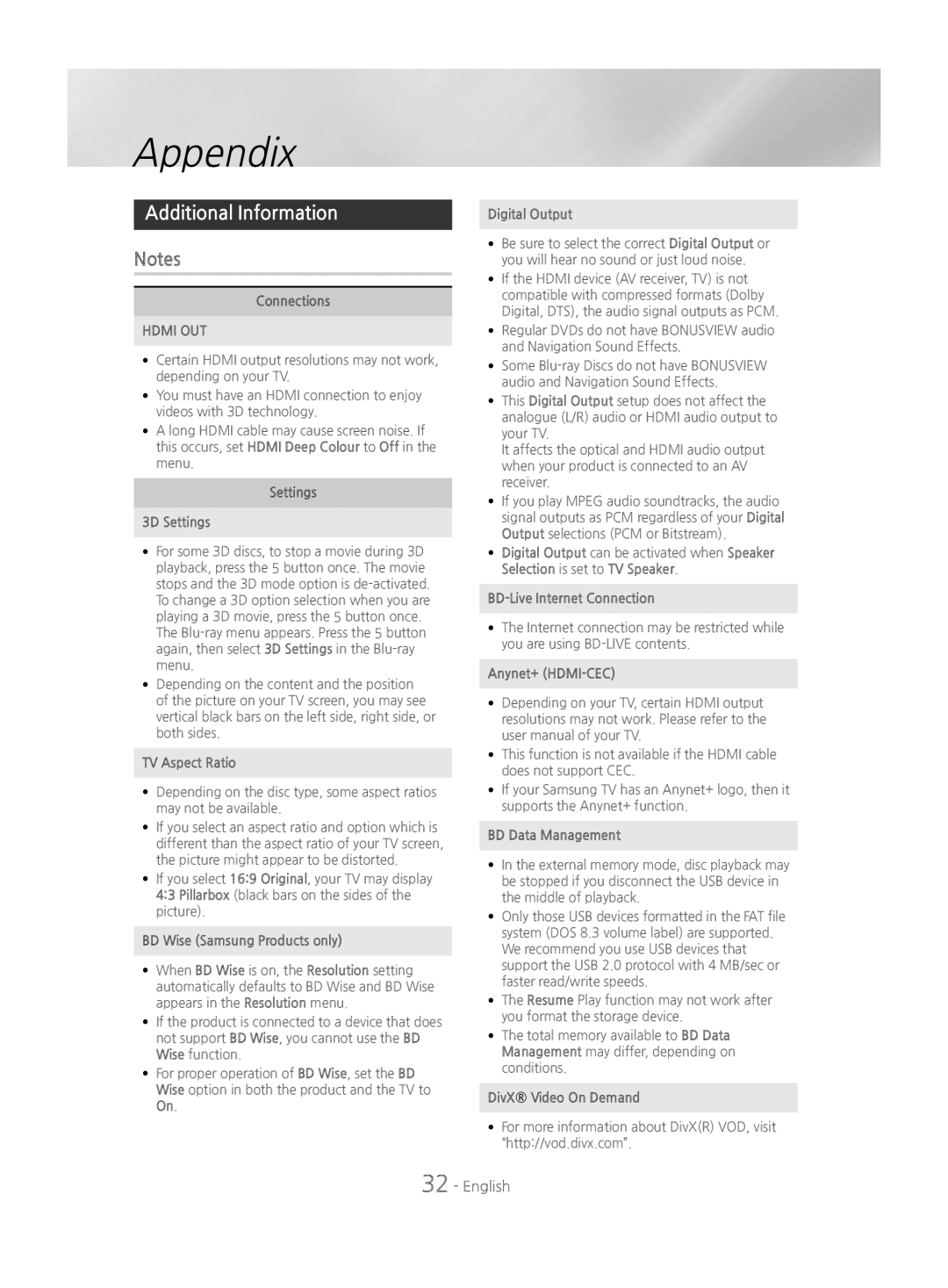 Samsung HT-J4200/EN manual Appendix, Additional Information 