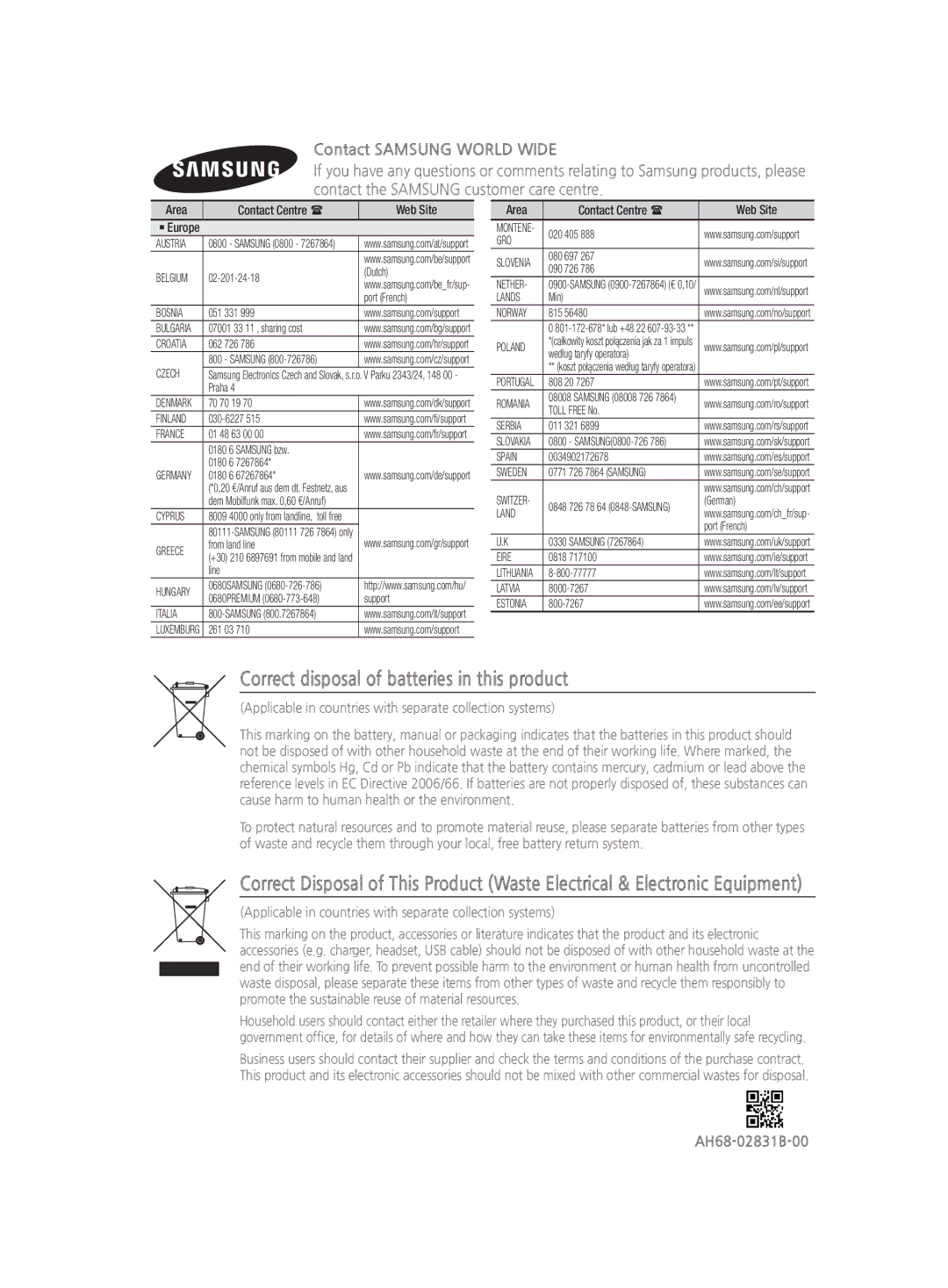 Samsung HT-J4200/EN manual Correct disposal of batteries in this product, Contact Samsung World Wide, AH68-02831B-00 