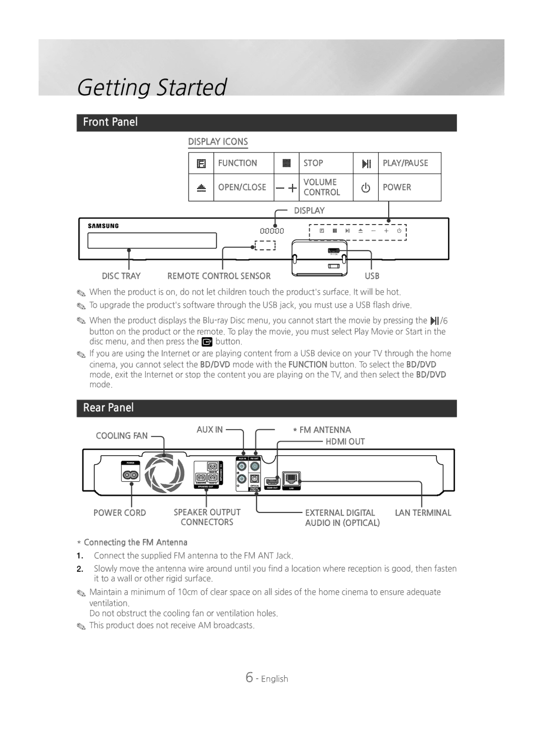 Samsung HT-J4200/EN manual Front Panel, Rear Panel, Connecting the FM Antenna 