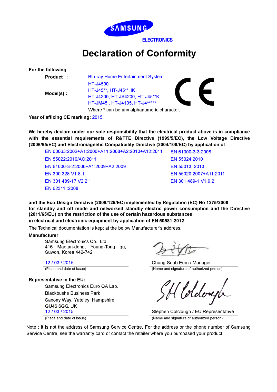 Samsung HT-J4530/EN, HT-J4550/EN manual Declaration of Conformity, For the following Product Models, Manufacturer 