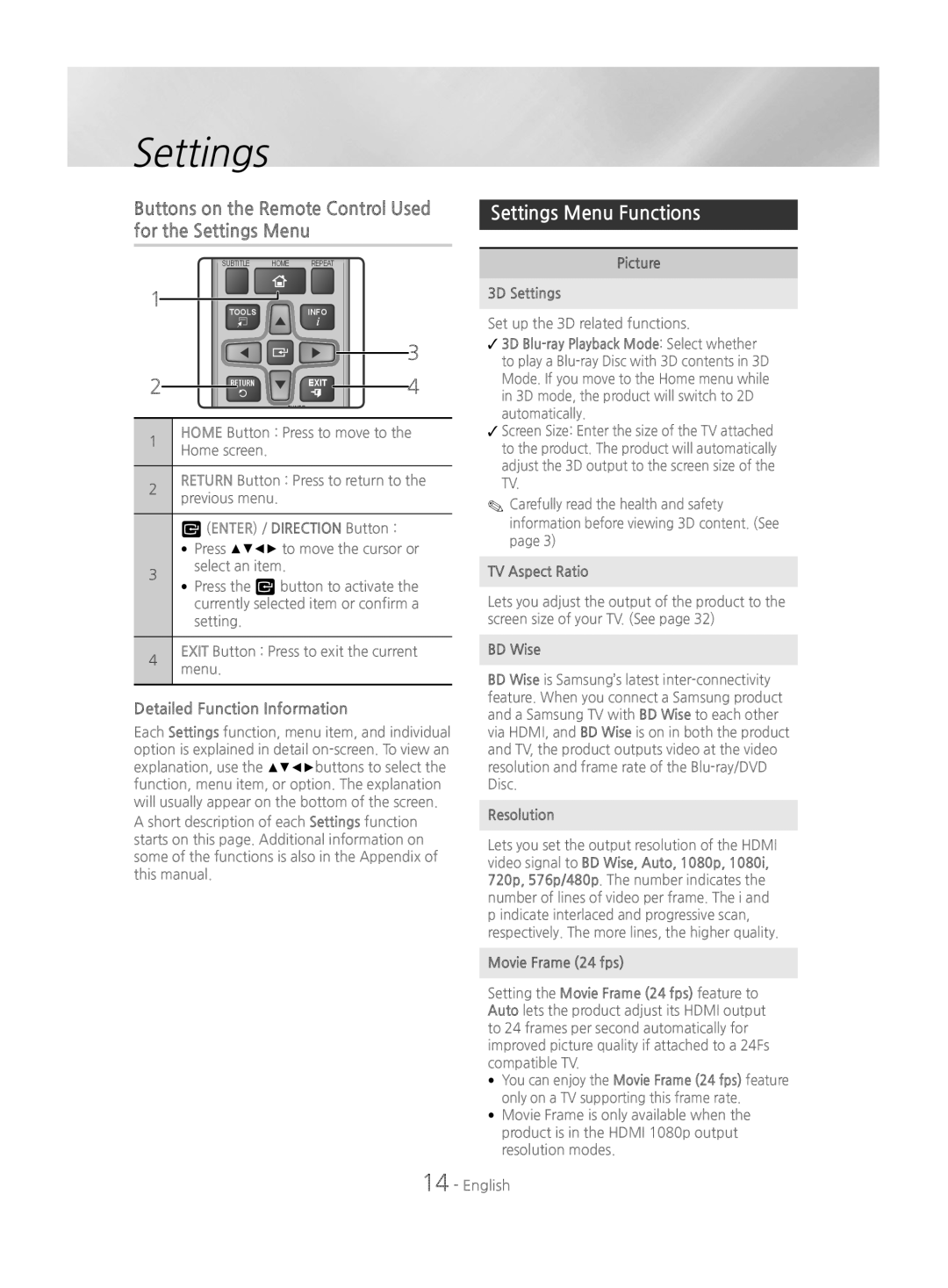 Samsung HT-J4500/EN, HT-J4550/EN, HT-J4530/EN Settings Menu Functions, For the Settings Menu, Detailed Function Information 