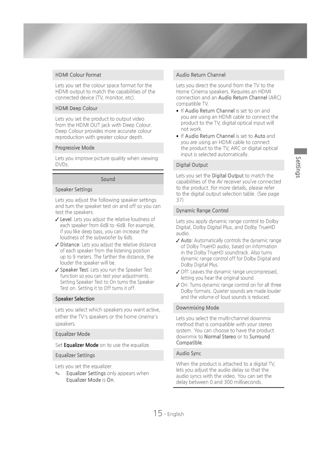 Samsung HT-J4550/EN, HT-J4530/EN, HT-J4500/EN manual Settings 