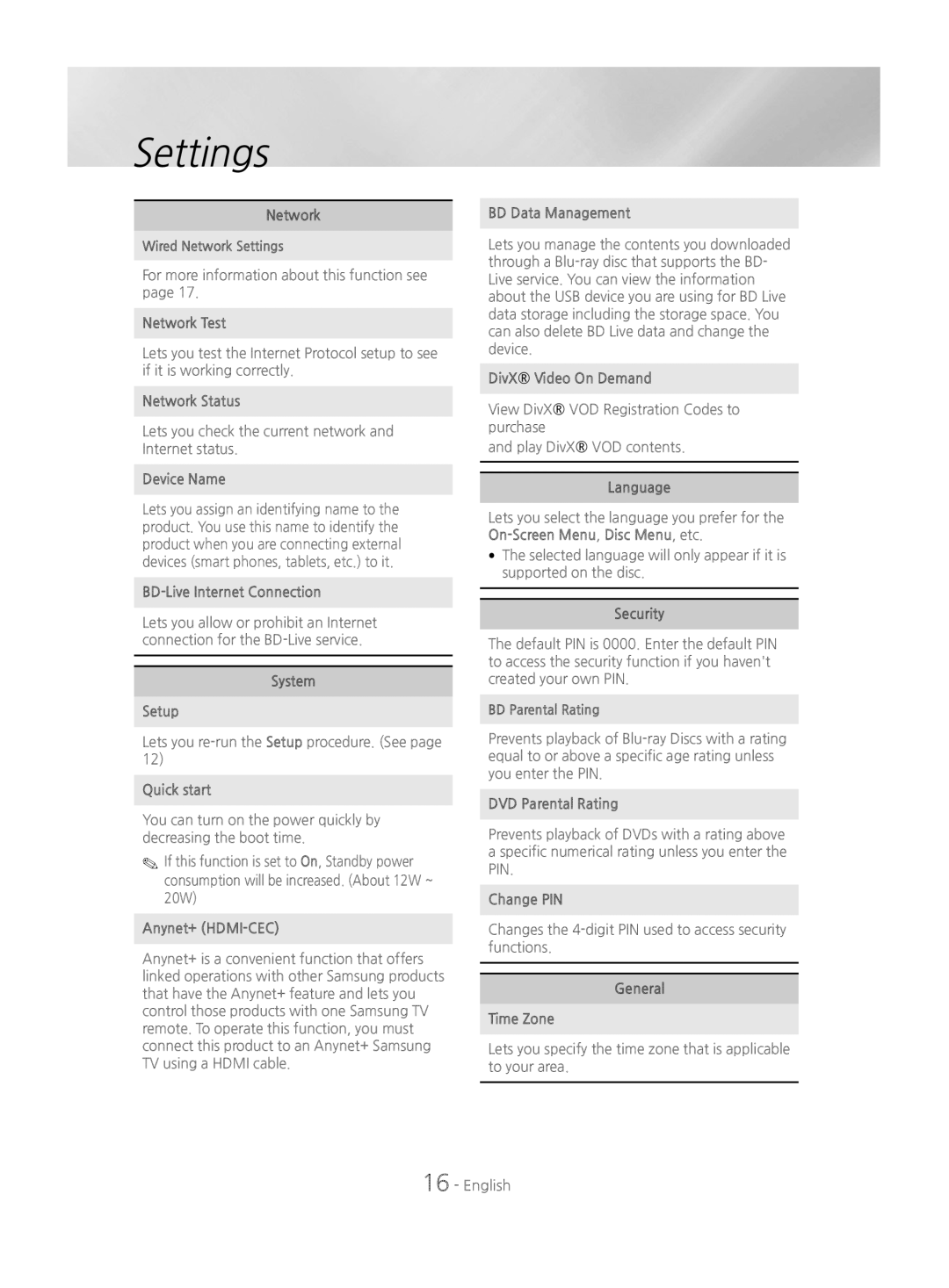 Samsung HT-J4530/EN Network Test, Network Status, Device Name, BD-Live Internet Connection, System Setup, Quick start 