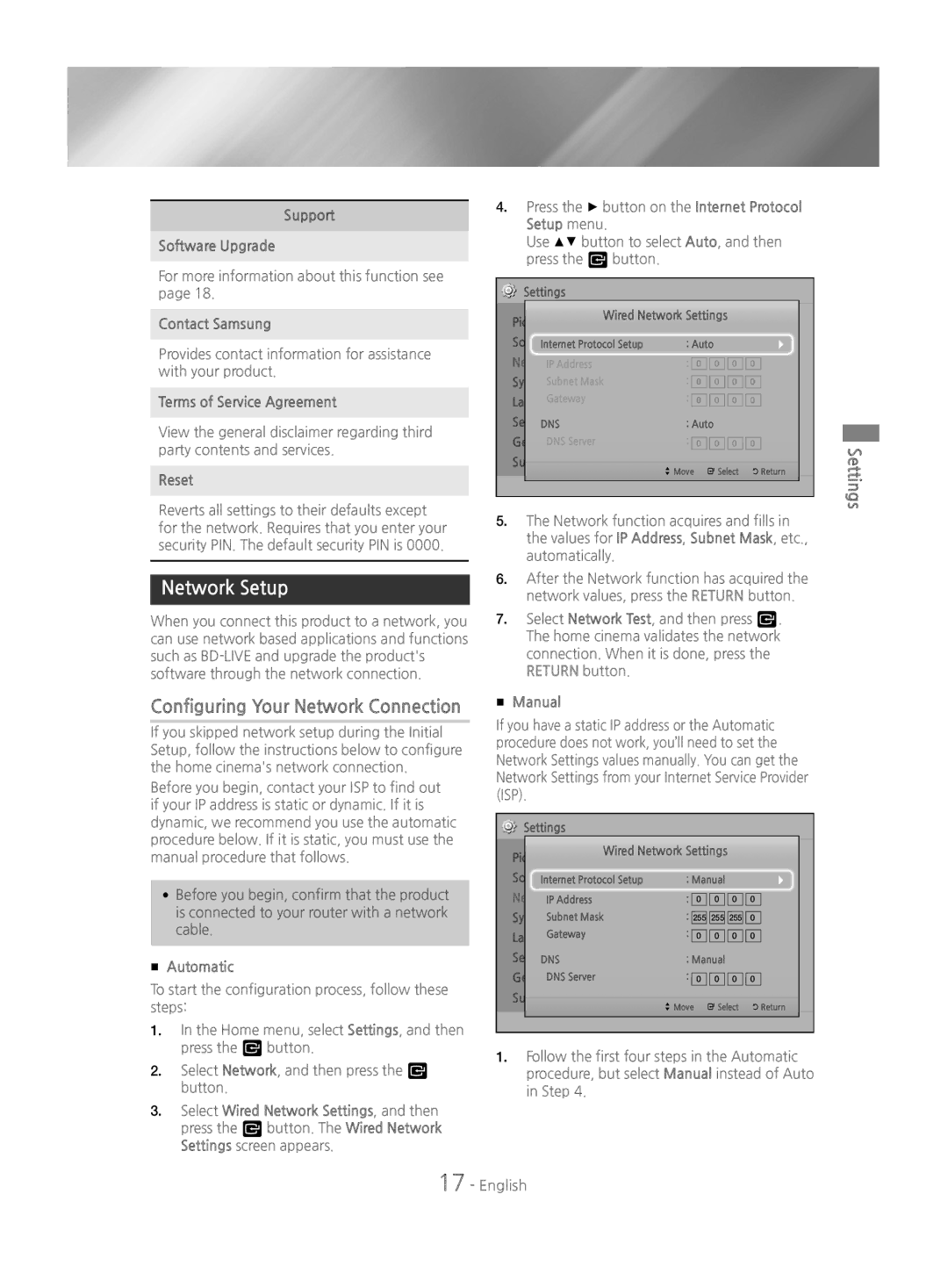 Samsung HT-J4500/EN, HT-J4550/EN, HT-J4530/EN manual Network Setup 