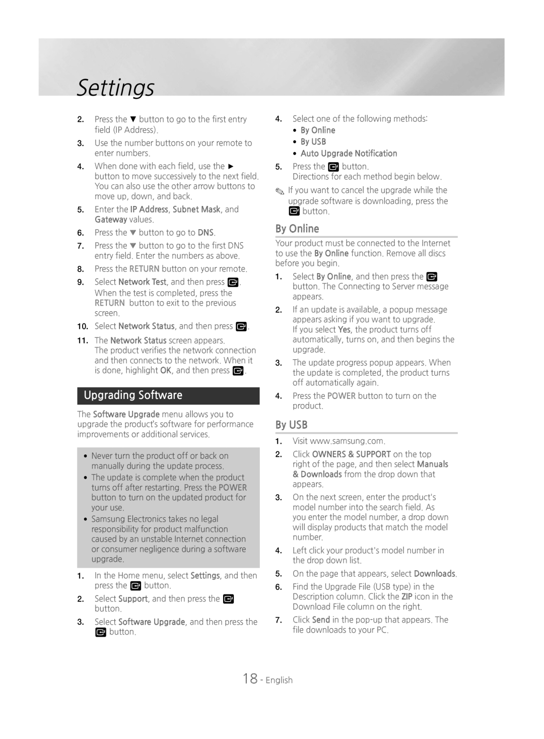 Samsung HT-J4550/EN manual Upgrading Software, By Online, By USB, Enter the IP Address, Subnet Mask, and Gateway values 