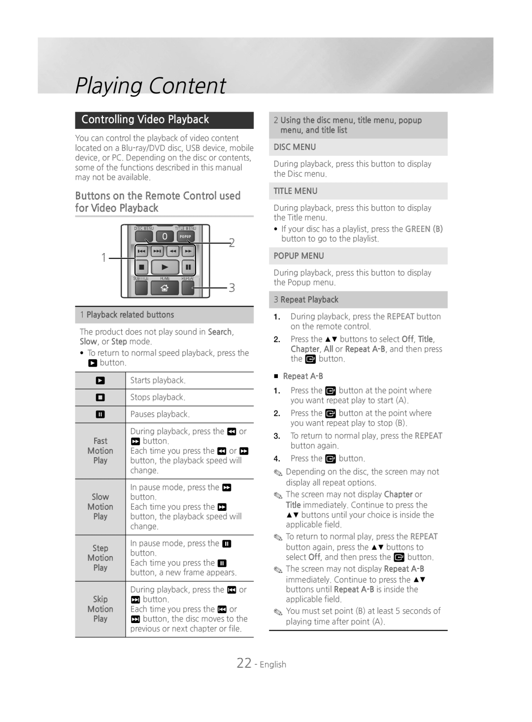 Samsung HT-J4530/EN manual Controlling Video Playback, Buttons on the Remote Control used for Video Playback, Disc Menu 