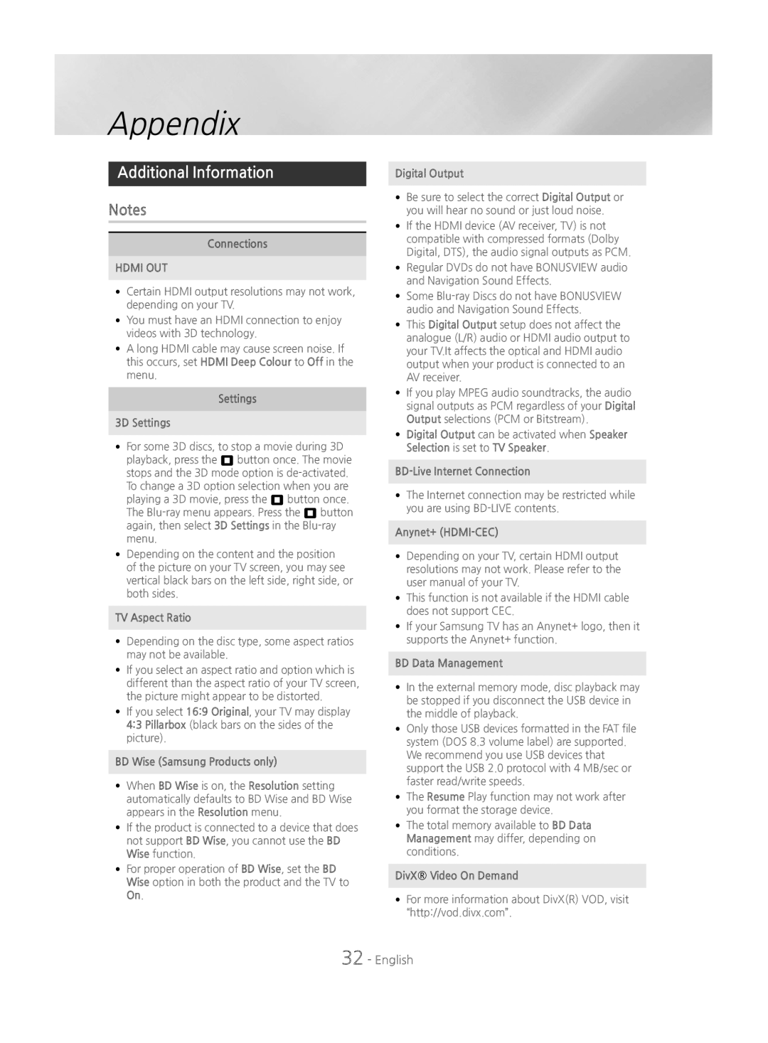 Samsung HT-J4500/EN, HT-J4550/EN, HT-J4530/EN manual Appendix, Additional Information 