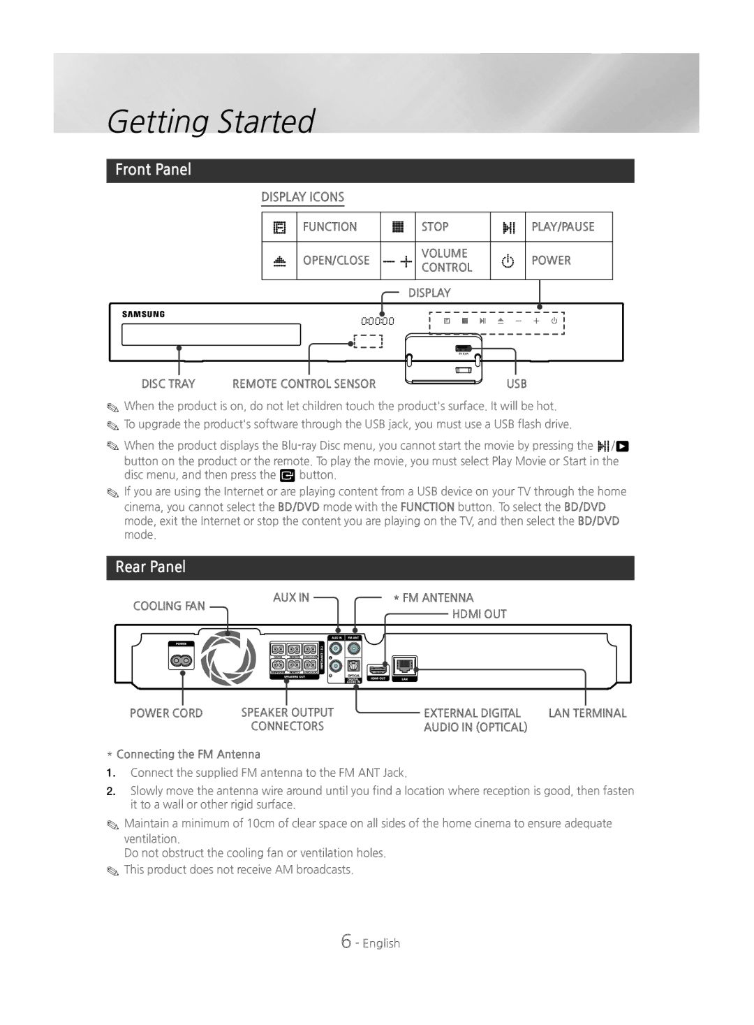 Samsung HT-J4550/EN, HT-J4530/EN, HT-J4500/EN manual Front Panel, Rear Panel 