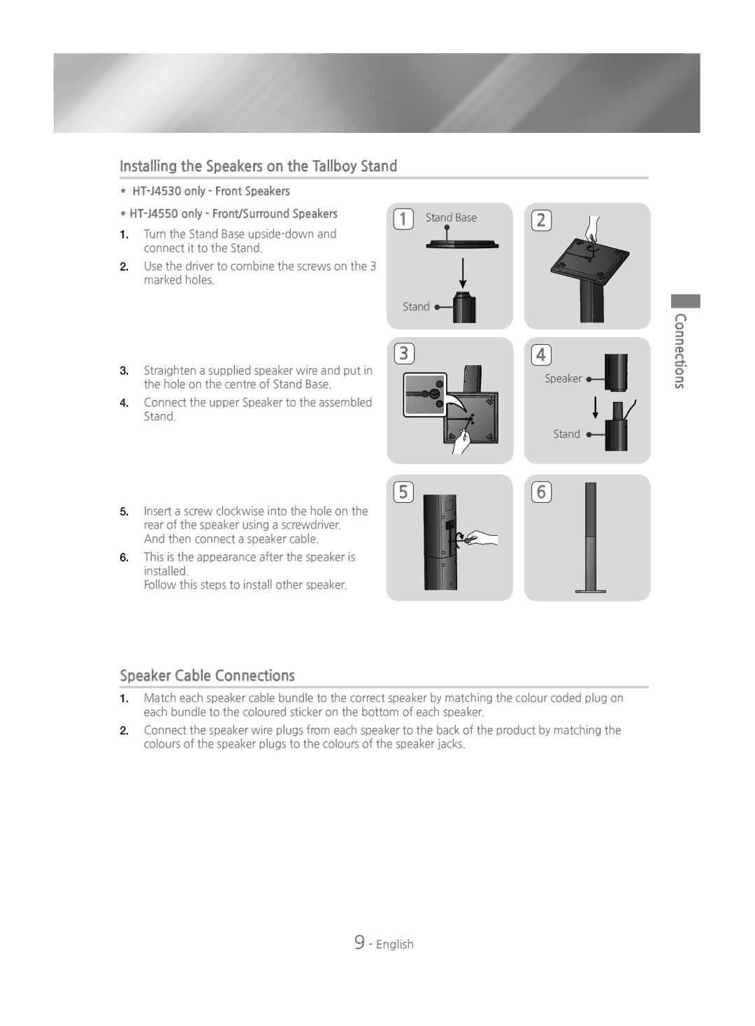 Samsung HT-J4550/EN, HT-J4530/EN manual Installing the Speakers on the Tallboy Stand, Speaker Cable Connections, Stand Base 