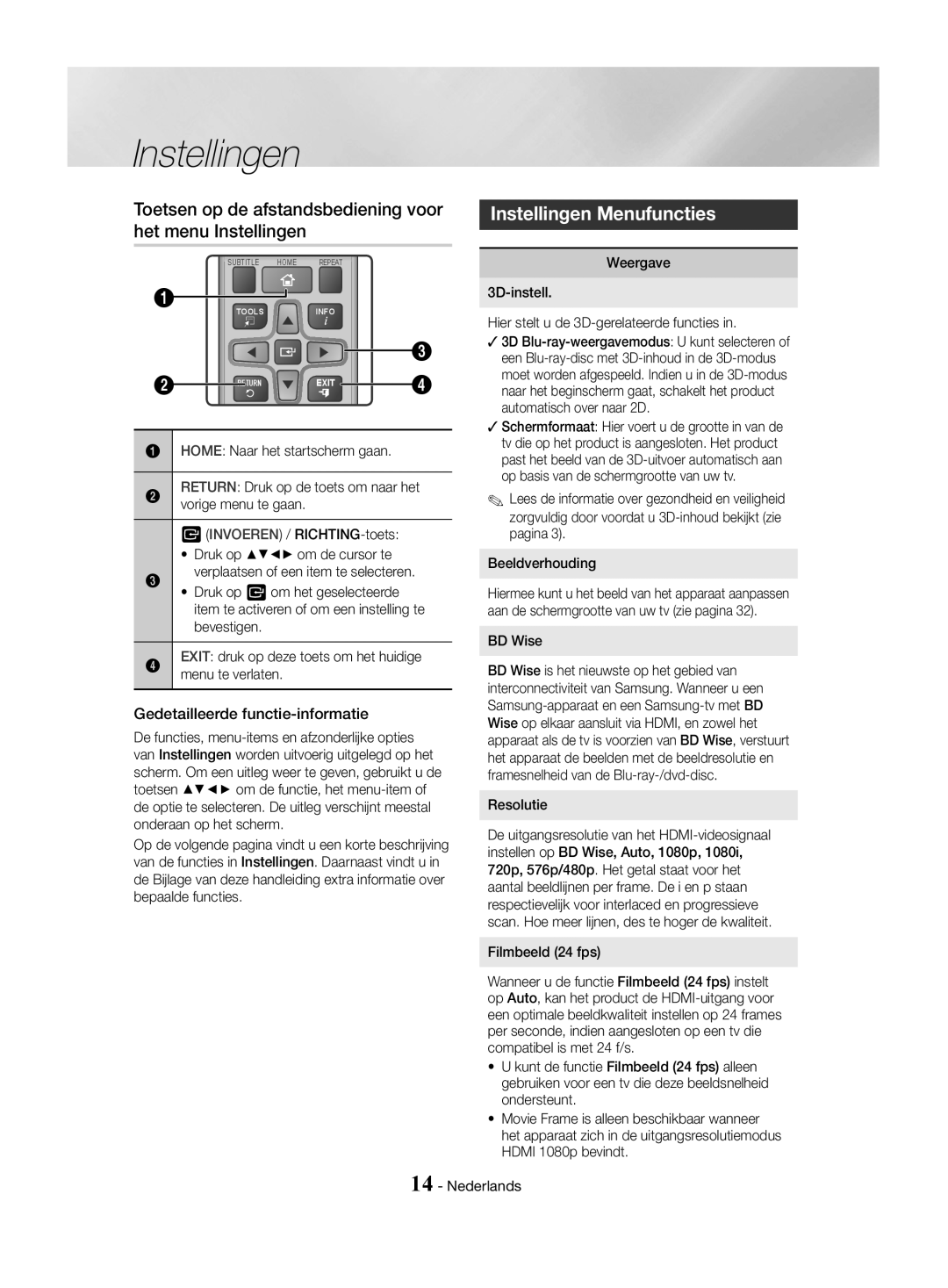 Samsung HT-J4530/EN, HT-J4550/EN Toetsen op de afstandsbediening voor het menu Instellingen, Instellingen Menufuncties 