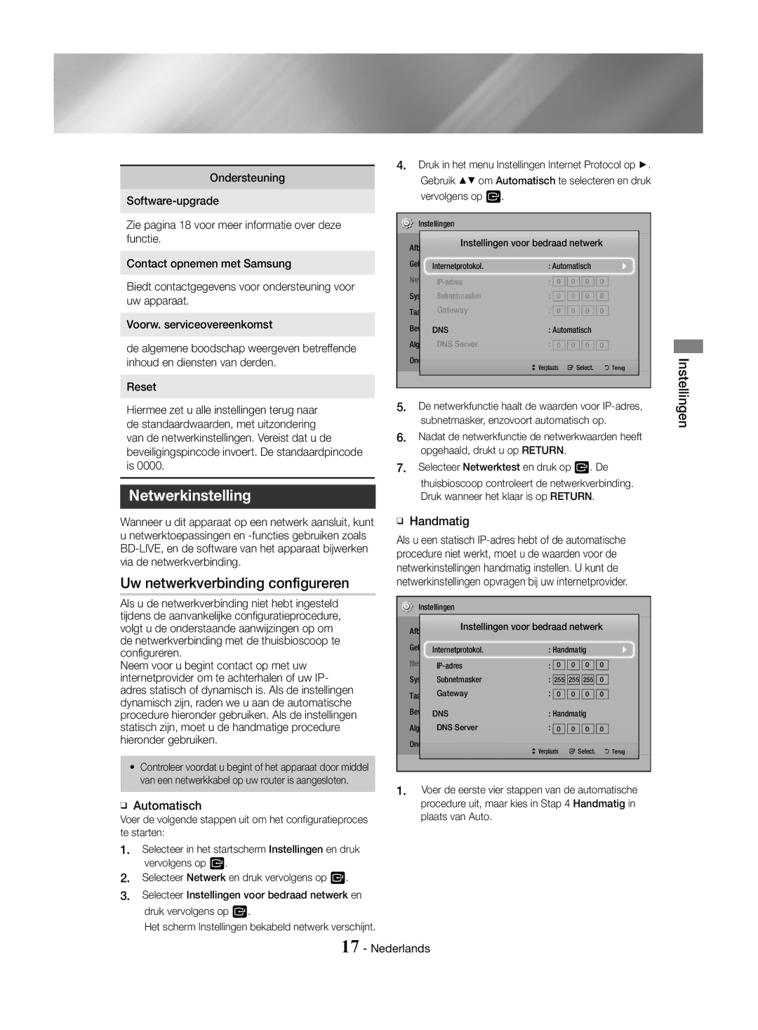 Samsung HT-J4530/EN, HT-J4550/EN manual Netwerkinstelling, Uw netwerkverbinding configureren, ĞĞ Automatisch, ĞĞ Handmatig 