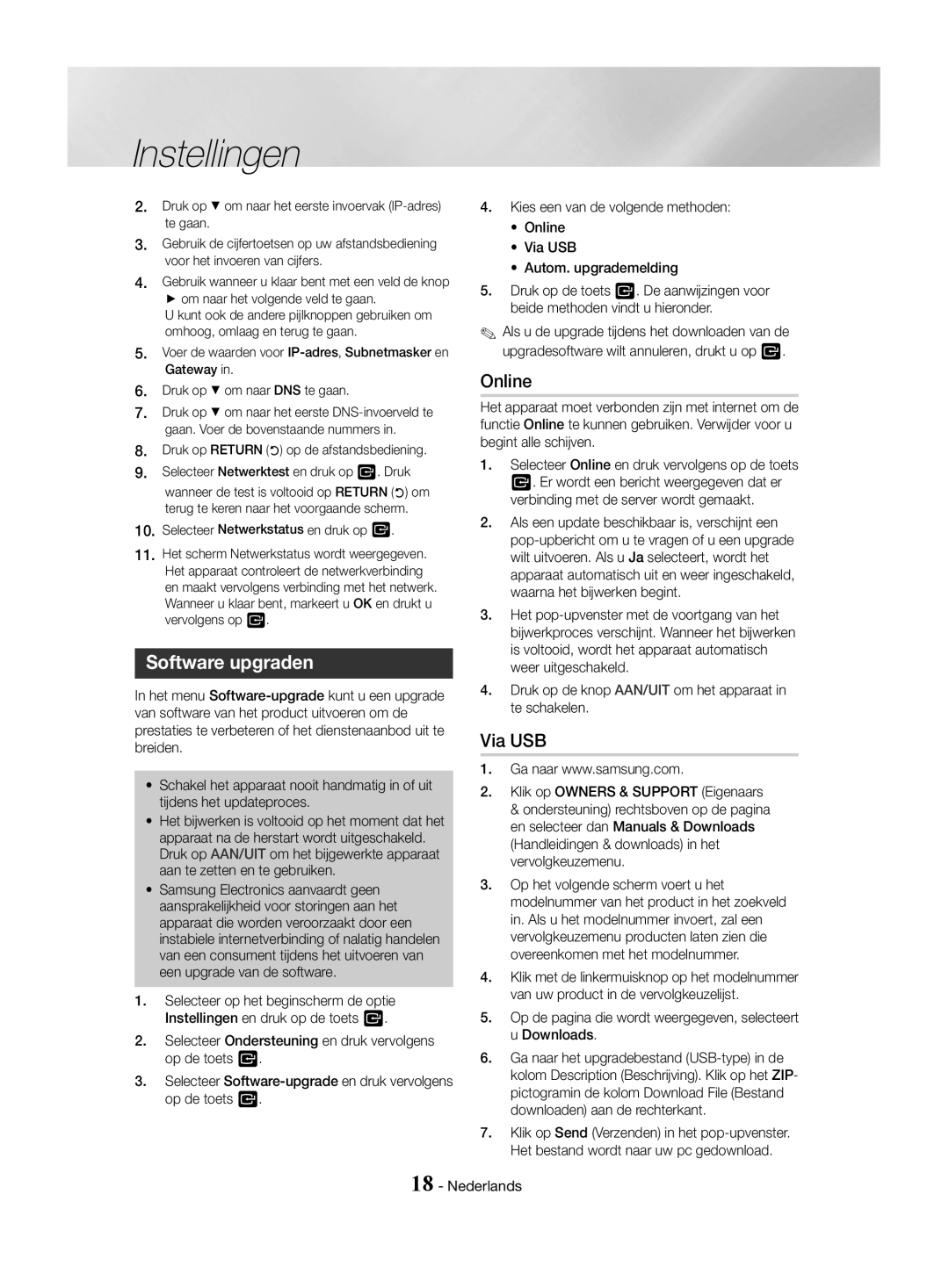 Samsung HT-J4500/EN manual Software upgraden, Online, Via USB, Op de pagina die wordt weergegeven, selecteert u Downloads 