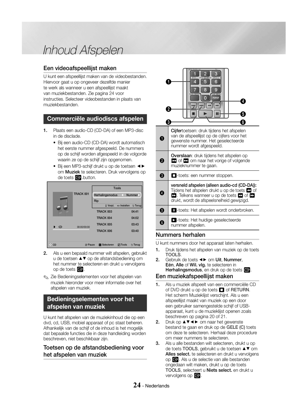 Samsung HT-J4500/EN, HT-J4550/EN manual Een videoafspeellijst maken, Commerciële audiodiscs afspelen, Nummers herhalen 