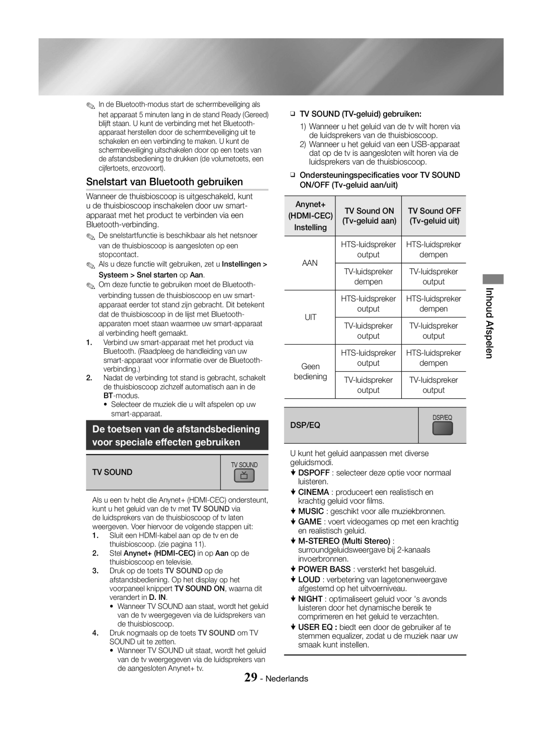 Samsung HT-J4530/EN manual Snelstart van Bluetooth gebruiken, ĞĞ TV Sound TV-geluid gebruiken, TV Sound on, Bediening, Aan 