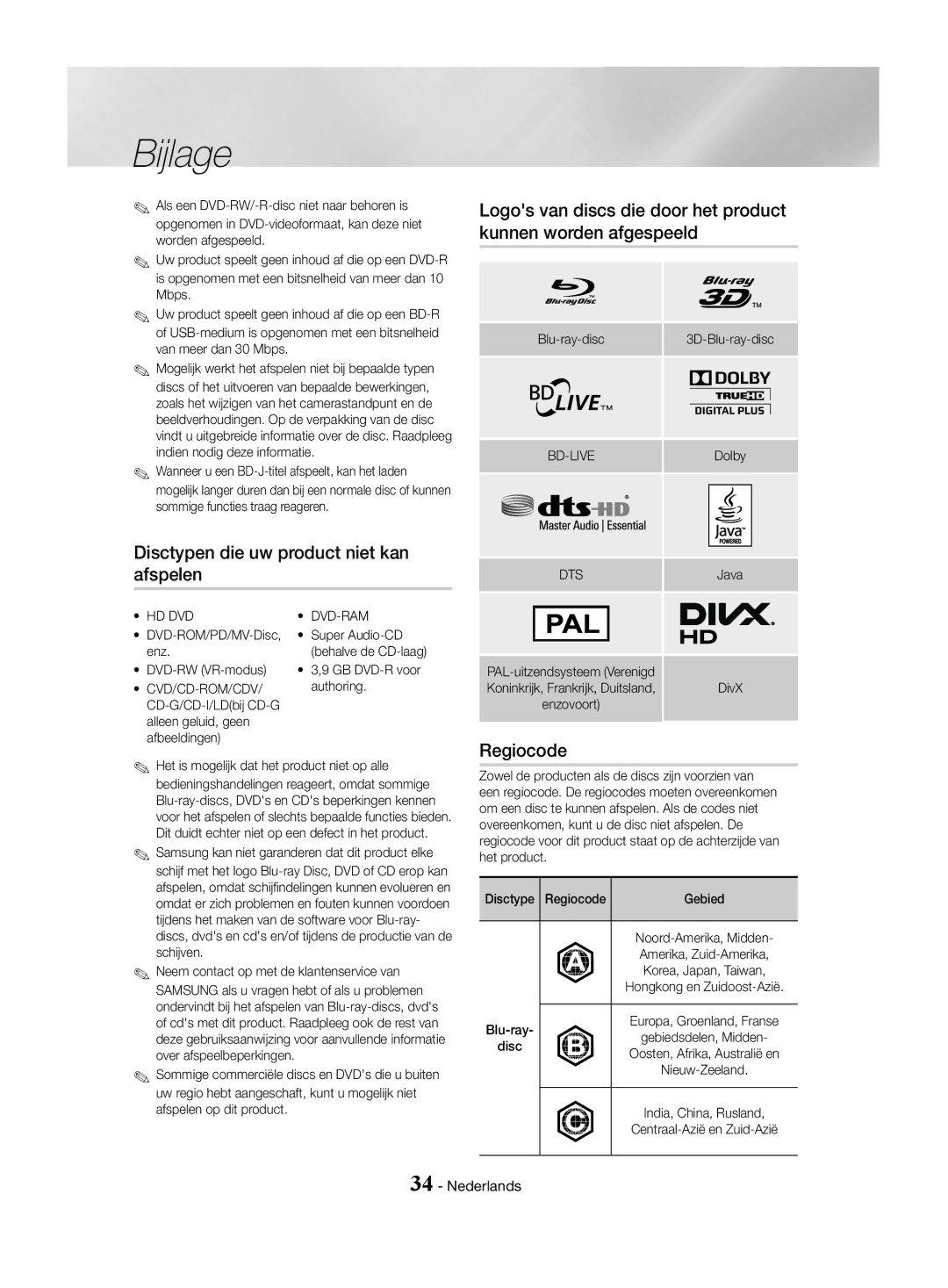 Samsung HT-J4550/EN, HT-J4530/EN Disctypen die uw product niet kan afspelen, Regiocode, Hd Dvd Dvd-Ram, Cvd/Cd-Rom/Cdv 