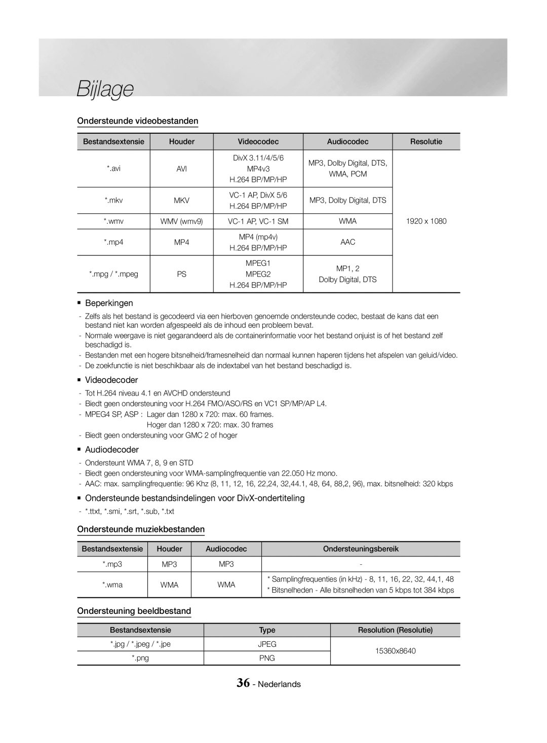 Samsung HT-J4500/EN, HT-J4550/EN, HT-J4530/EN Ondersteunde videobestanden, `` Beperkingen, `` Videodecoder, `` Audiodecoder 