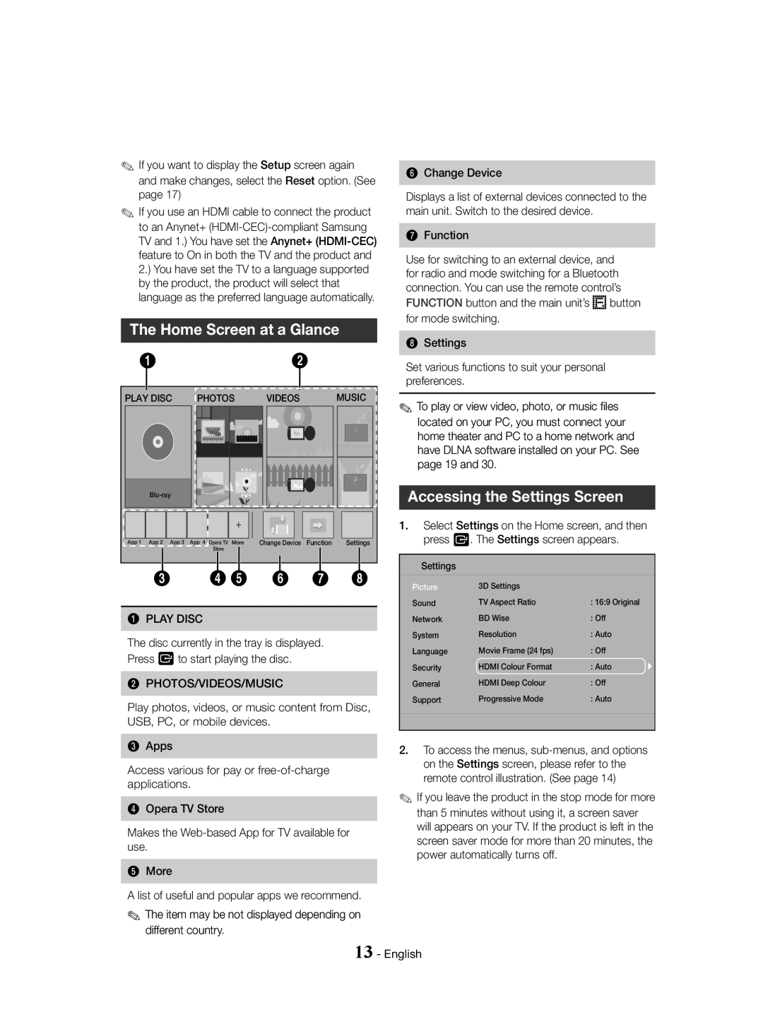 Samsung HT-J4530/EN, HT-J4550/EN Home Screen at a Glance, Accessing the Settings Screen, Play Disc, Photos/Videos/Music 