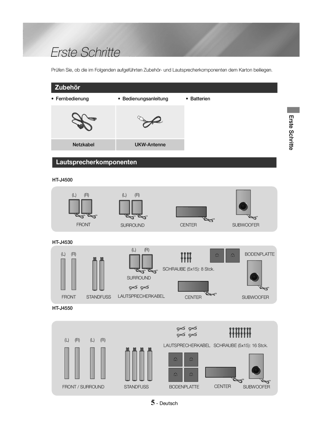 Samsung HT-J4500/EN, HT-J4550/EN, HT-J4530/EN manual Erste Schritte, Zubehör, Lautsprecherkomponenten 