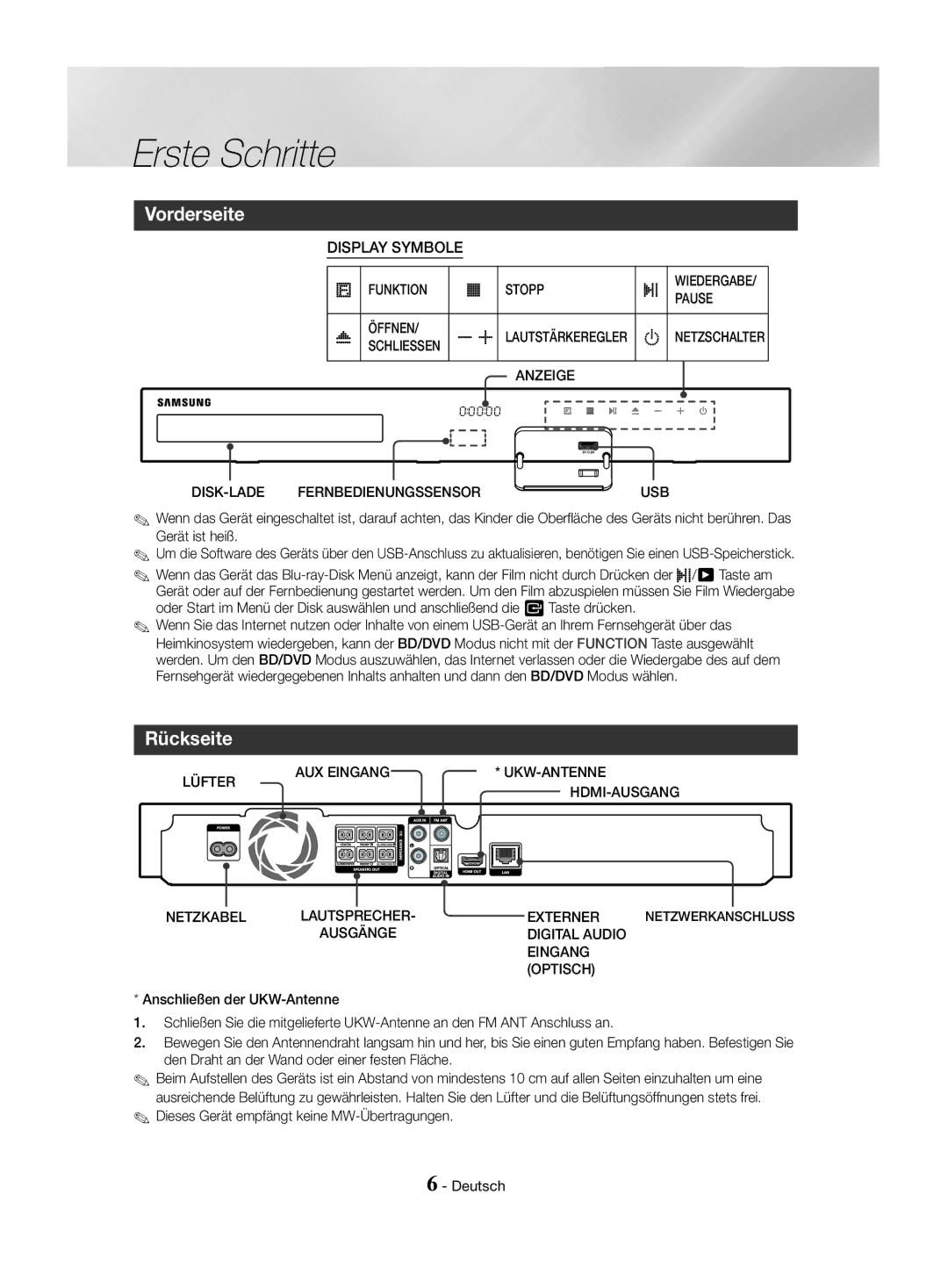 Samsung HT-J4550/EN, HT-J4530/EN, HT-J4500/EN manual Vorderseite, Rückseite 