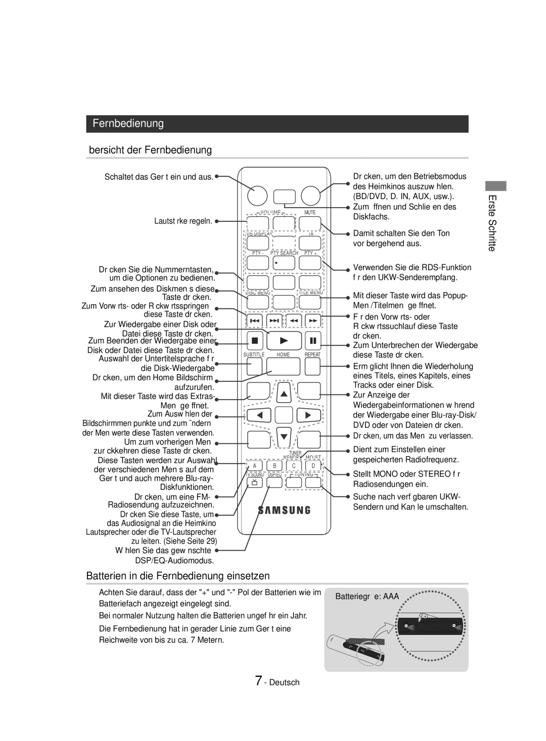 Samsung HT-J4530/EN, HT-J4550/EN, HT-J4500/EN Übersicht der Fernbedienung, Batterien in die Fernbedienung einsetzen 