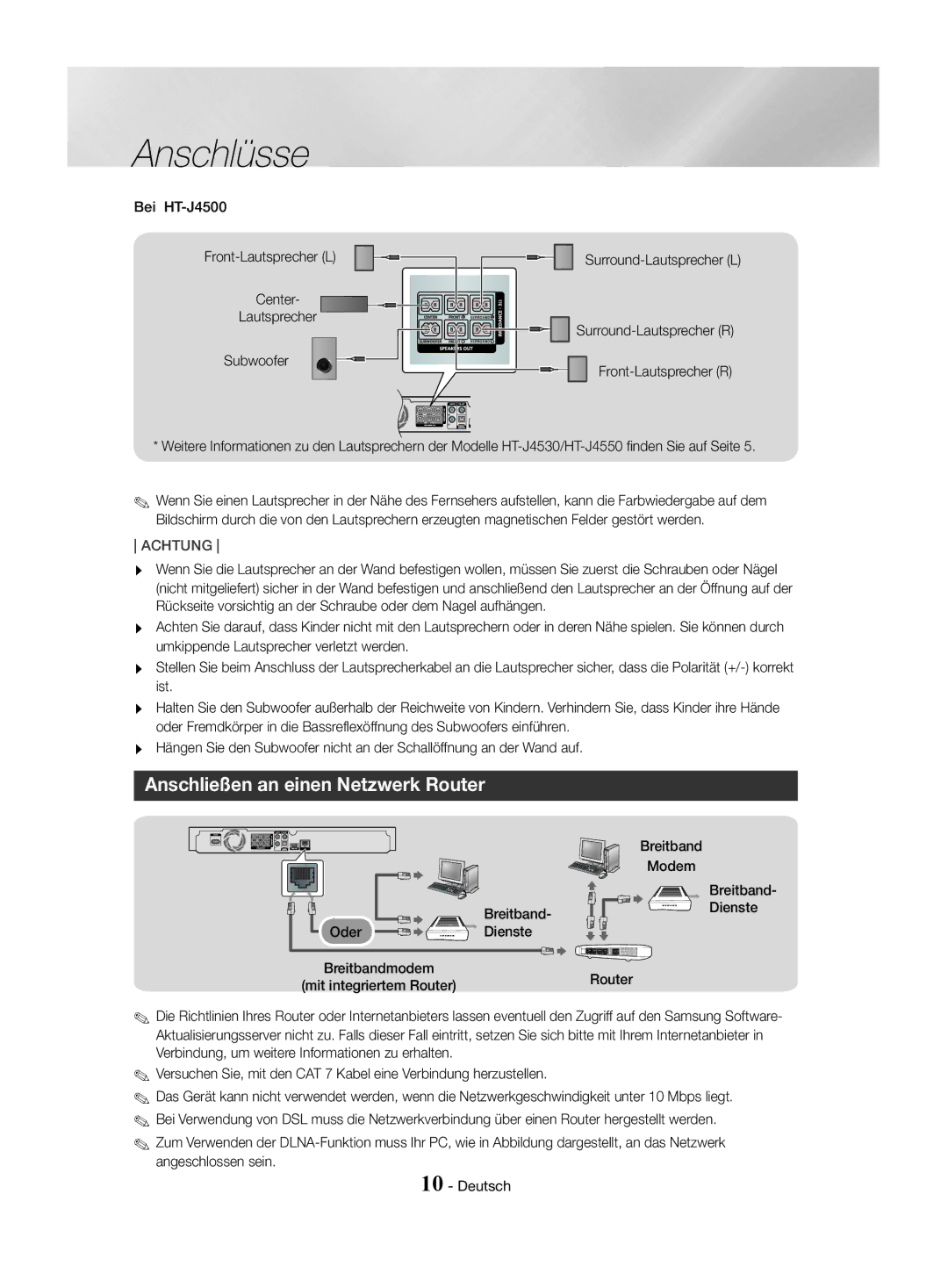 Samsung HT-J4530/EN, HT-J4550/EN, HT-J4500/EN manual Anschließen an einen Netzwerk Router 