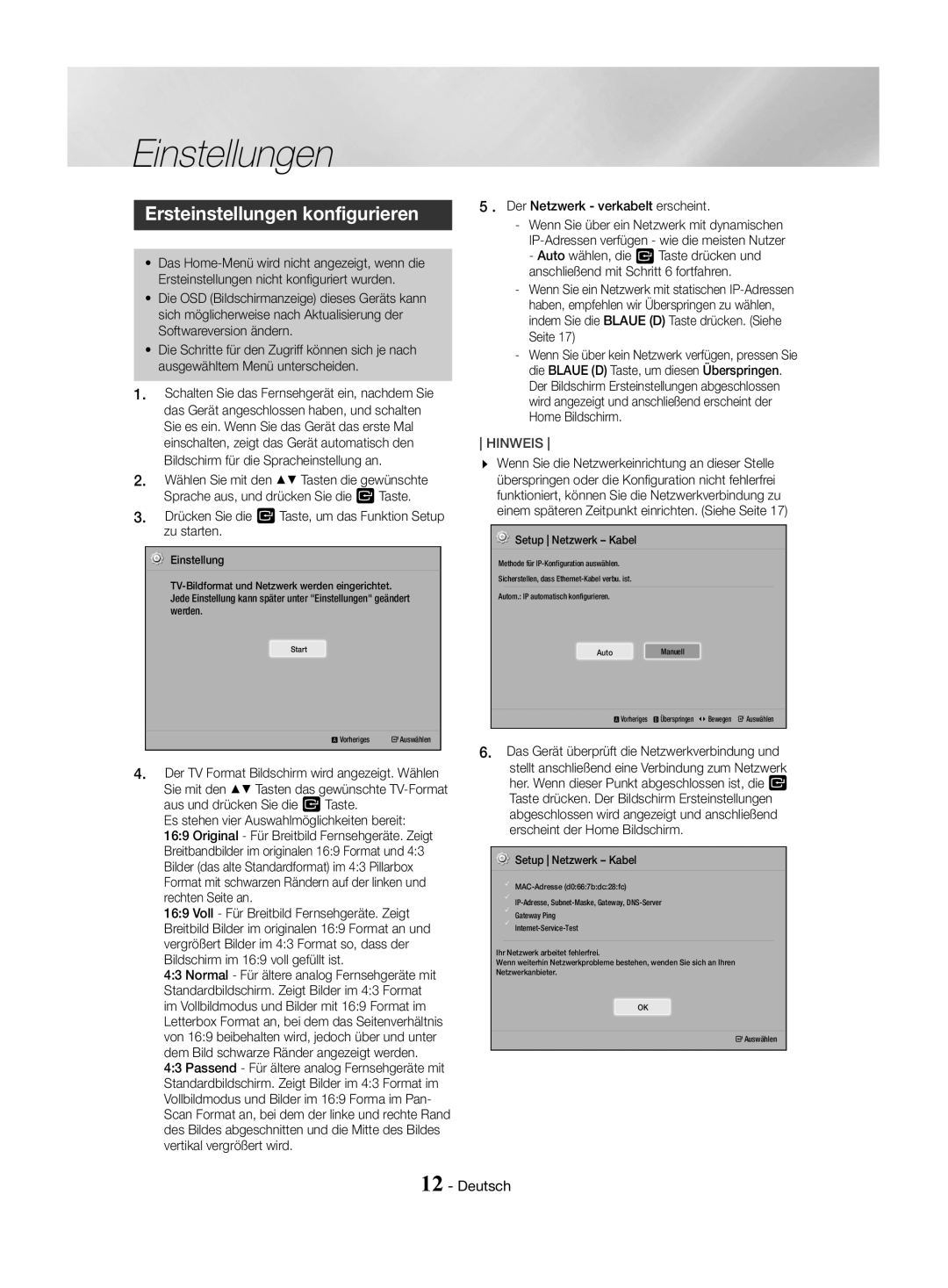 Samsung HT-J4550/EN, HT-J4530/EN manual Einstellungen, Ersteinstellungen konfigurieren,  . Der Netzwerk verkabelt erscheint 