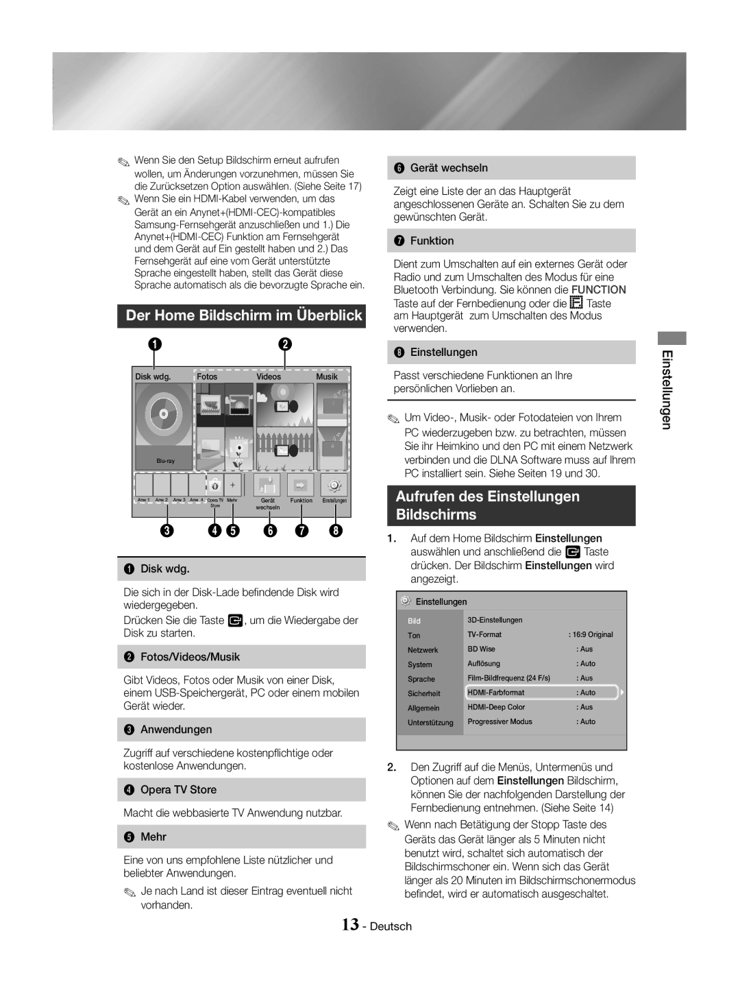 Samsung HT-J4530/EN, HT-J4550/EN, HT-J4500/EN Der Home Bildschirm im Überblick, Aufrufen des Einstellungen, Bildschirms 