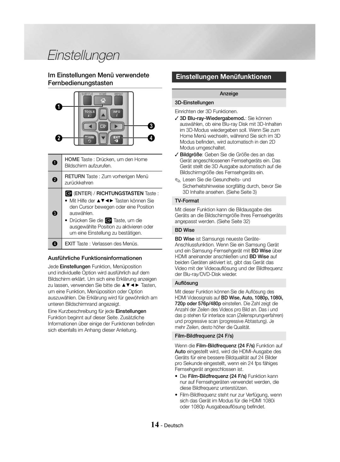 Samsung HT-J4500/EN, HT-J4550/EN manual Im Einstellungen Menü verwendete Fernbedienungstasten, Einstellungen Menüfunktionen 