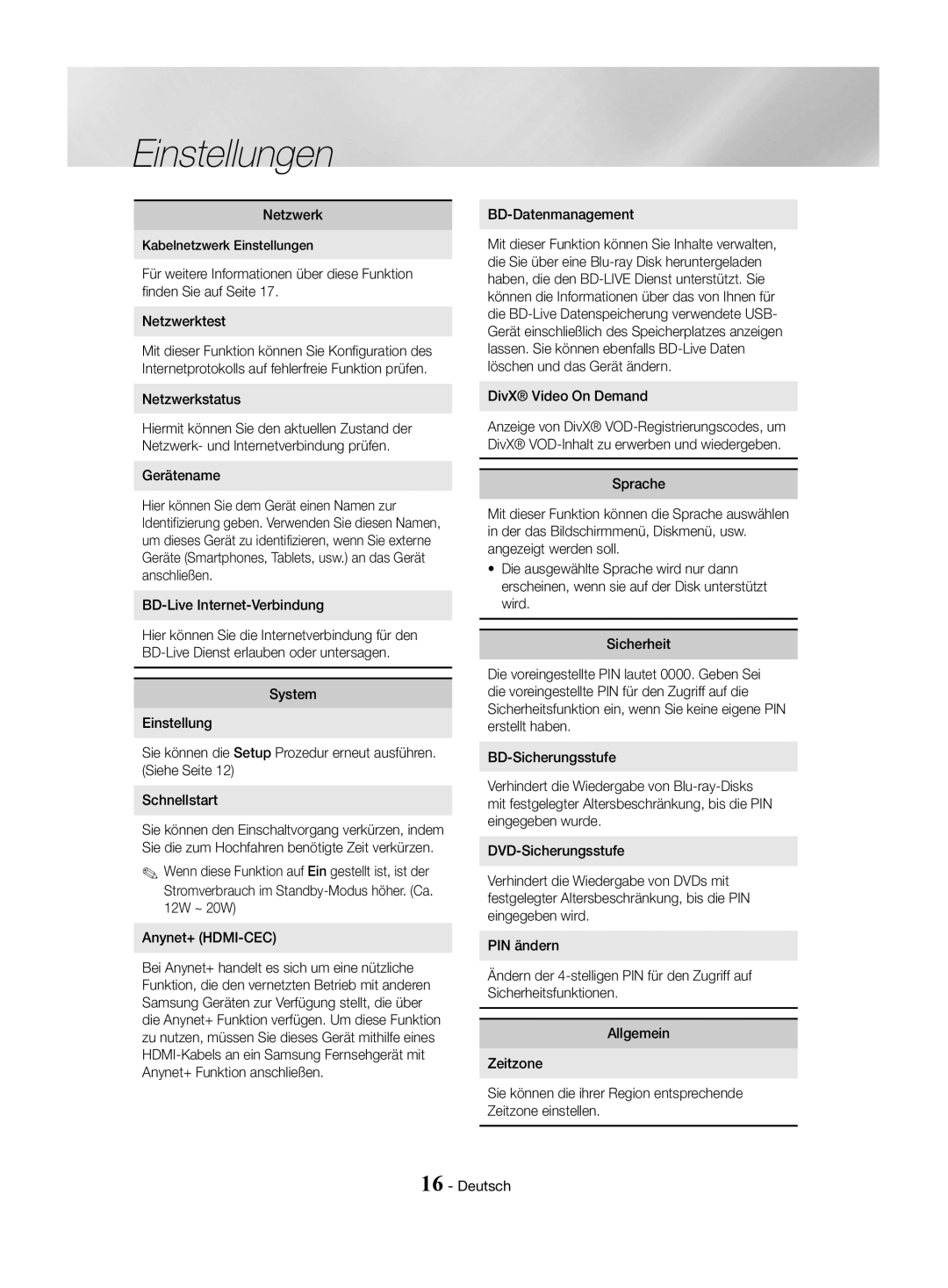 Samsung HT-J4530/EN, HT-J4550/EN manual Netzwerkstatus, Gerätename, BD-Live Internet-Verbindung, BD-Datenmanagement 