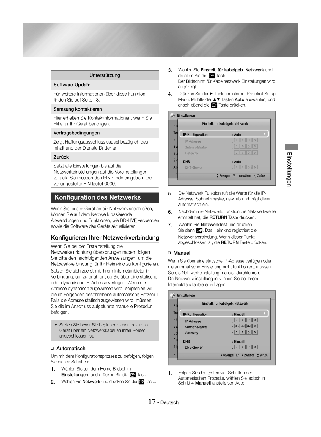 Samsung HT-J4500/EN, HT-J4550/EN Konfiguration des Netzwerks, Konfigurieren Ihrer Netzwerkverbindung, ĞĞ Manuell, Zurück 