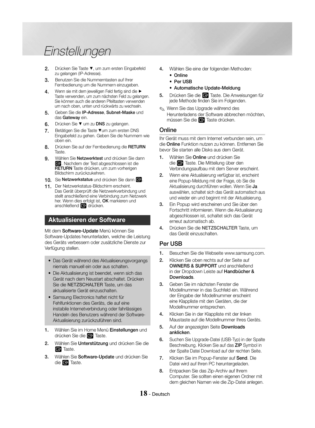 Samsung HT-J4550/EN, HT-J4530/EN manual Aktualisieren der Software, Per USB, Auf der angezeigten Seite Downloads anklicken 