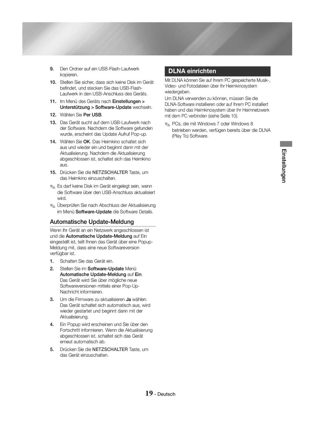 Samsung HT-J4530/EN manual Automatische Update-Meldung, Dlna einrichten, Den Ordner auf ein USB-Flash-Laufwerk kopieren 