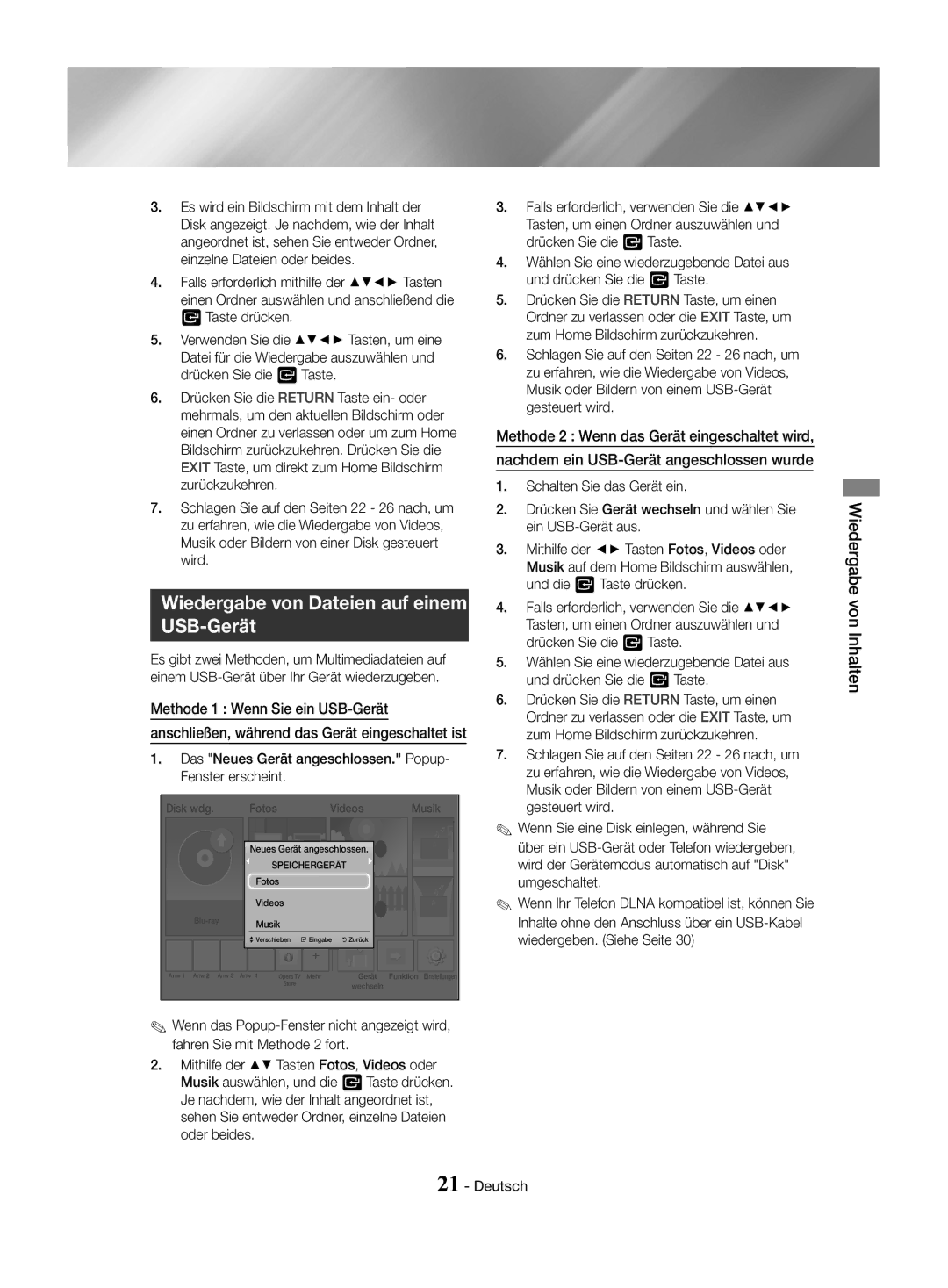 Samsung HT-J4550/EN, HT-J4530/EN, HT-J4500/EN manual Wiedergabe von Dateien auf einem USB-Gerät, Wiedergabe von Inhalten 