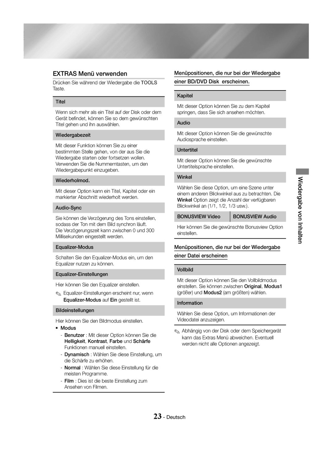 Samsung HT-J4500/EN, HT-J4550/EN, HT-J4530/EN manual Extras Menü verwenden 