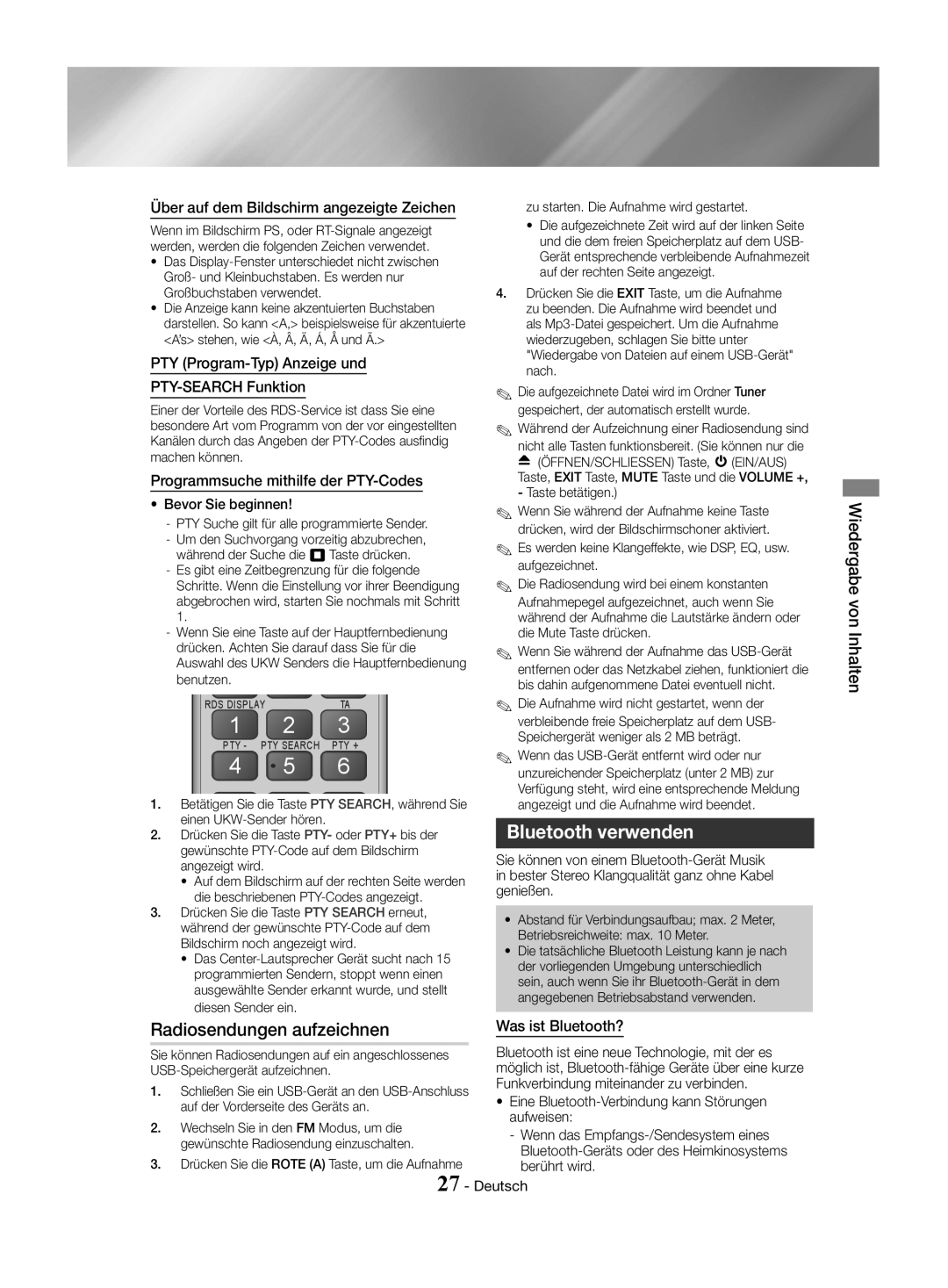 Samsung HT-J4550/EN, HT-J4530/EN, HT-J4500/EN manual Radiosendungen aufzeichnen, Bluetooth verwenden 