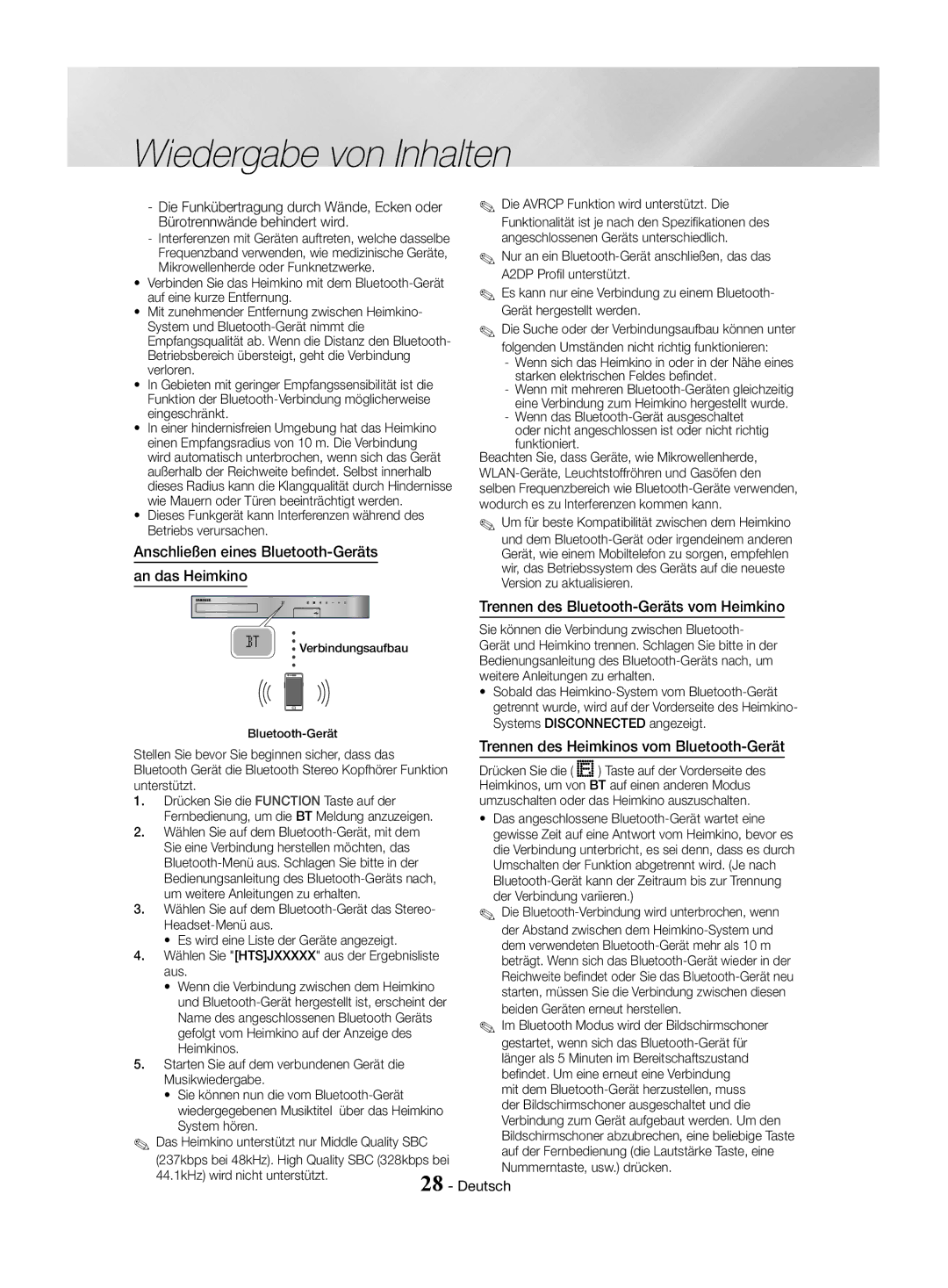 Samsung HT-J4530/EN manual Anschließen eines Bluetooth-Geräts an das Heimkino, Trennen des Bluetooth-Geräts vom Heimkino 