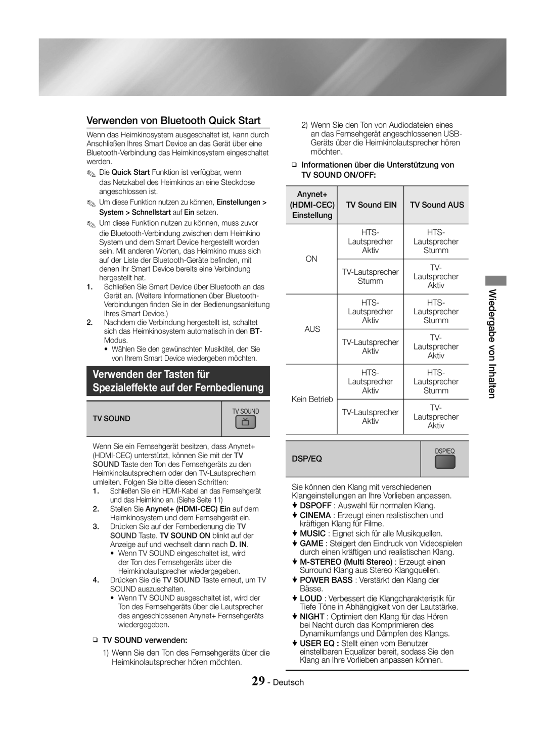 Samsung HT-J4500/EN, HT-J4550/EN manual Verwenden von Bluetooth Quick Start, TV Sound ON/OFF, ĞĞ TV Sound verwenden, Bässe 