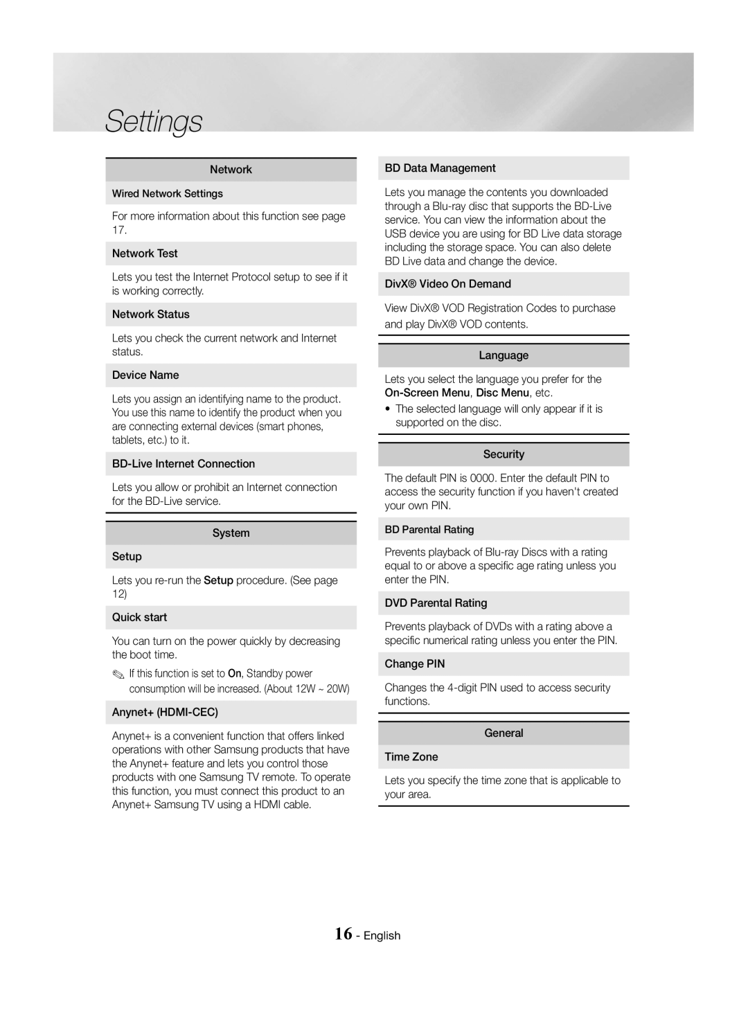 Samsung HT-J4530/EN, HT-J4550/EN manual Anynet+ HDMI-CEC, BD Data Management, Wired Network Settings, BD Parental Rating 