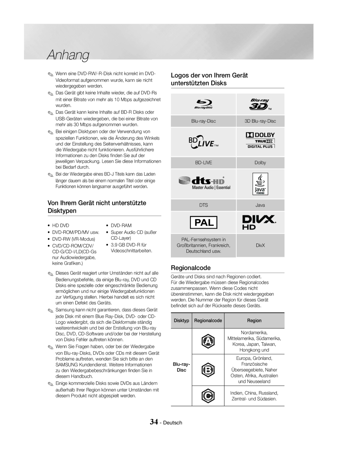 Samsung HT-J4530/EN, HT-J4550/EN manual Regionalcode, DVD-ROM/PD/MV usw DVD-RW VR-Modus, Super Audio CD außer CD-Layer 