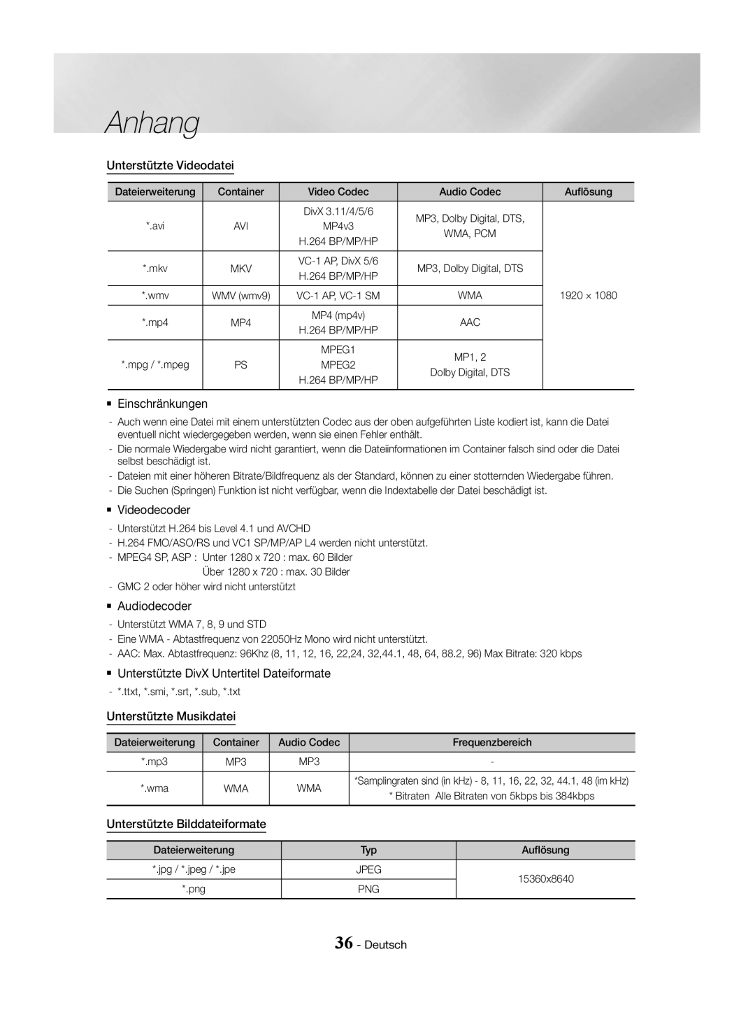 Samsung HT-J4550/EN, HT-J4530/EN Unterstützte Videodatei, `` Einschränkungen, `` Unterstützte DivX Untertitel Dateiformate 