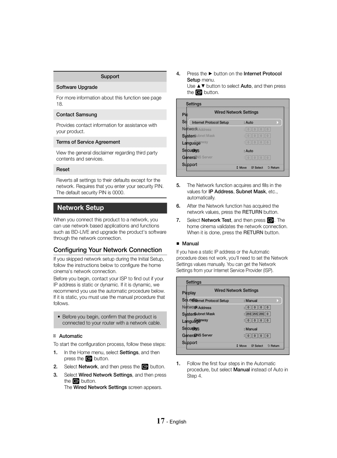 Samsung HT-J4500/EN, HT-J4550/EN, HT-J4530/EN Network Setup, Configuring Your Network Connection, ĞĞ Automatic, „„ Manual 
