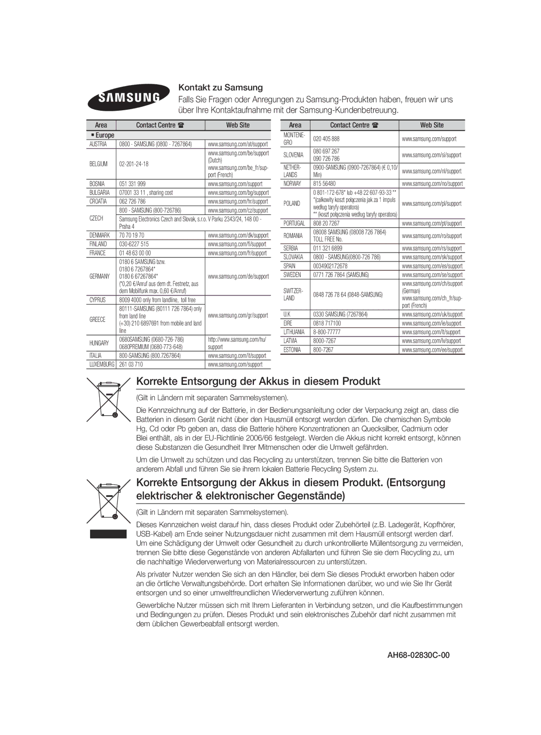 Samsung HT-J4530/EN, HT-J4550/EN manual Korrekte Entsorgung der Akkus in diesem Produkt, Kontakt zu Samsung, AH68-02830C-00 