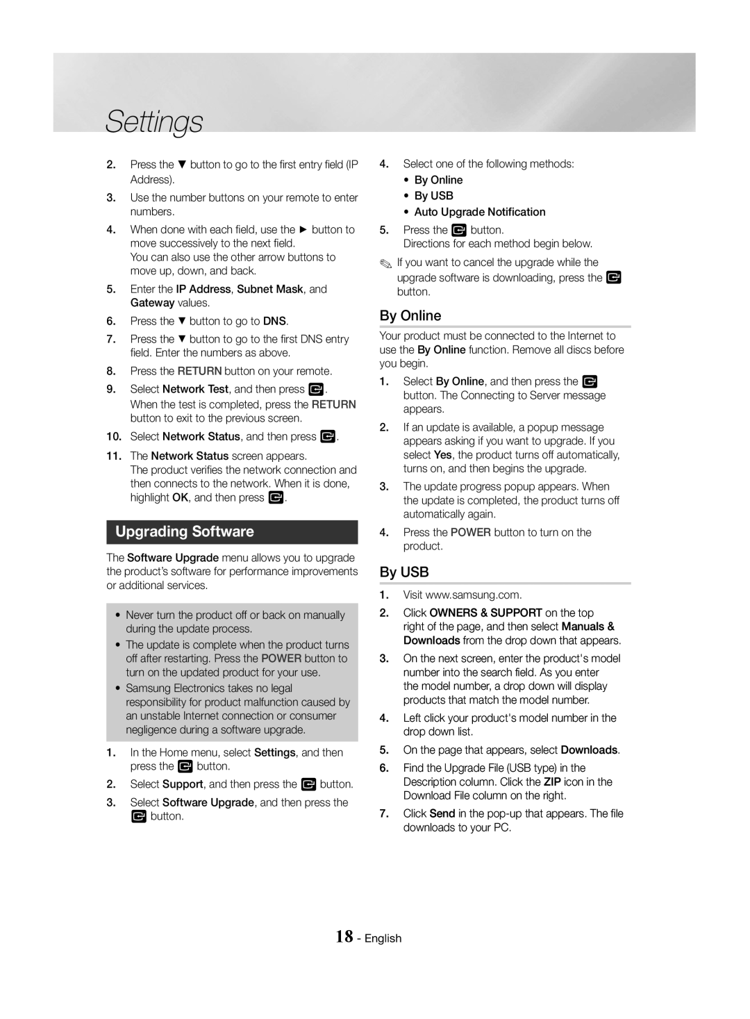 Samsung HT-J4550/EN, HT-J4530/EN, HT-J4500/EN manual Upgrading Software, By Online, By USB 