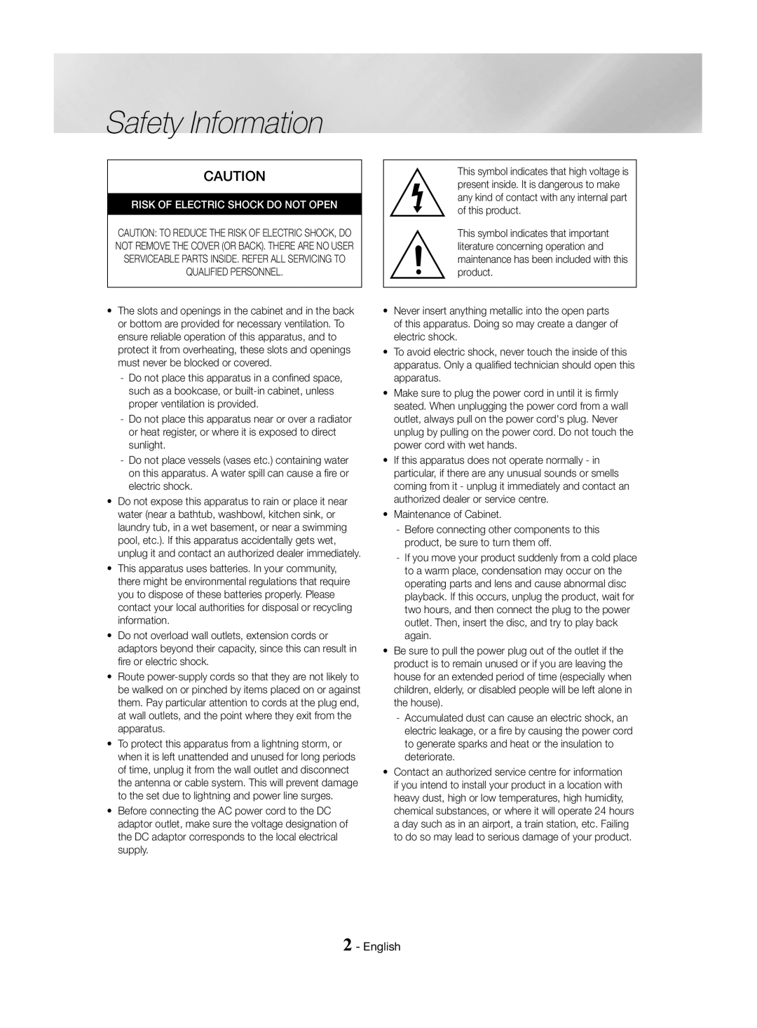 Samsung HT-J4500/EN, HT-J4550/EN, HT-J4530/EN manual Safety Information, English 